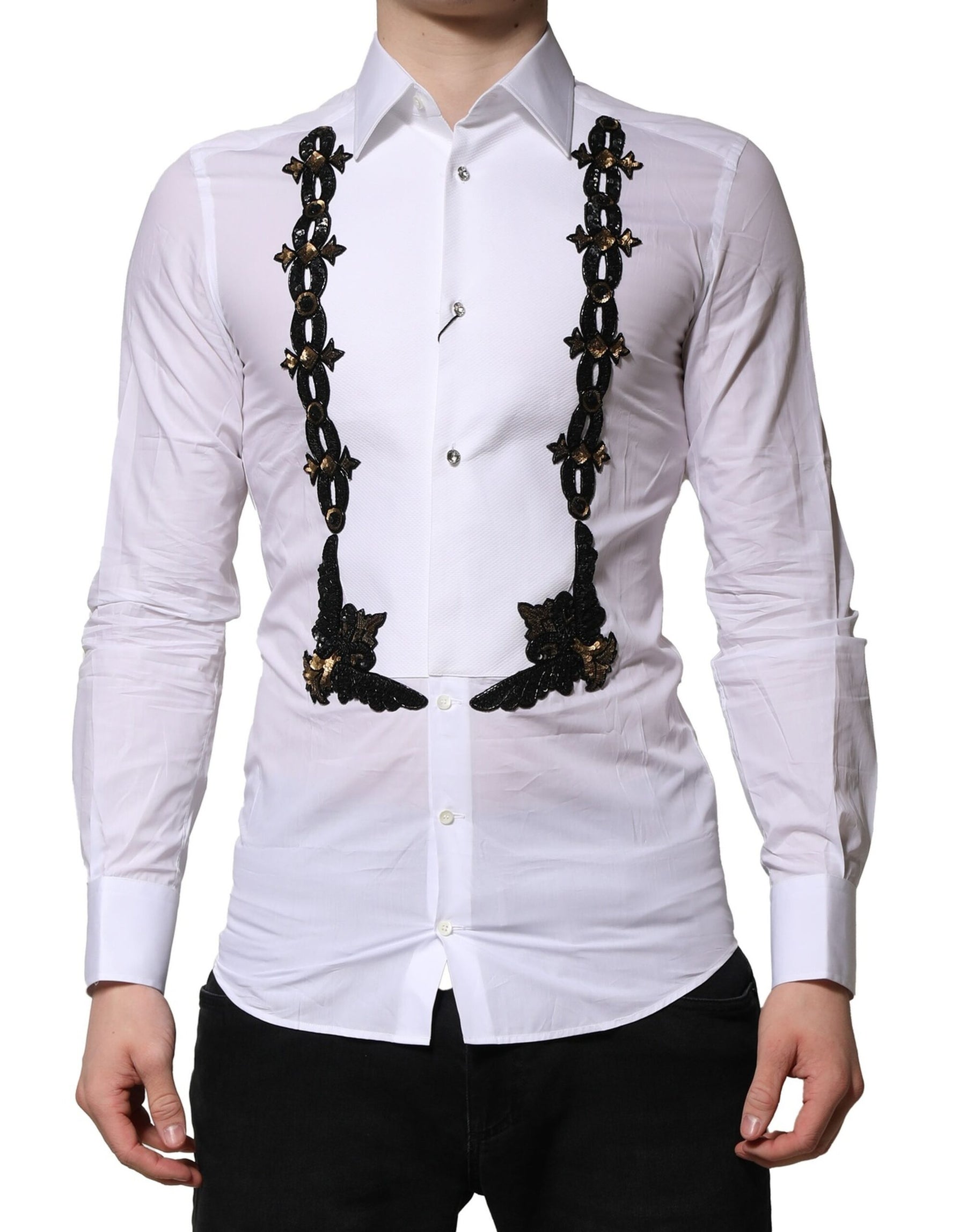 Dolce & Gabbana White GOLD Embellished Formal Men Dress Shirt | Regal Royce