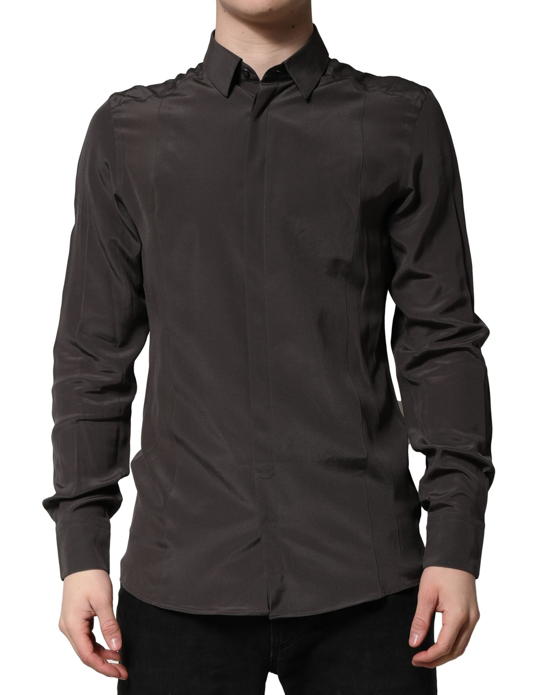 Dolce & Gabbana Dark Brown Silk GOLD Men Dress Formal Shirt | Regal Royce