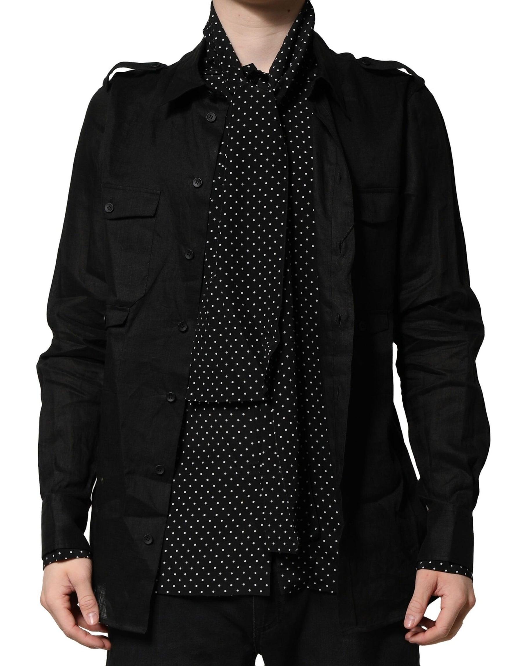 Dolce & Gabbana Black Polka Dot Collar Tie Neck Casual Shirt | Regal Royce