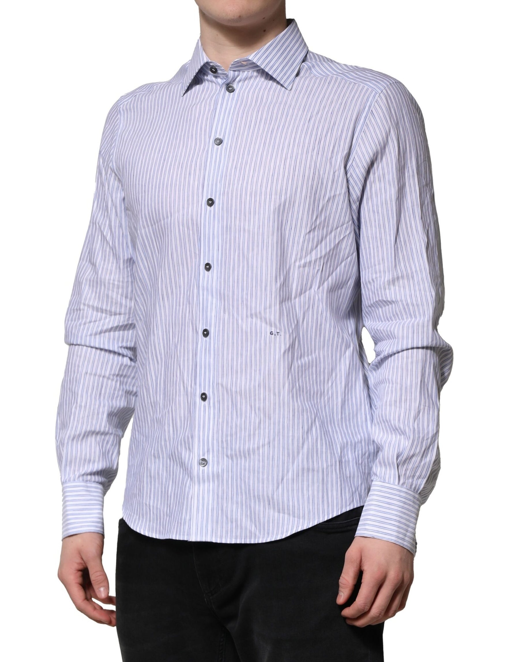 Dolce & Gabbana White Blue Striped Cotton Dress Formal Shirt | Regal Royce