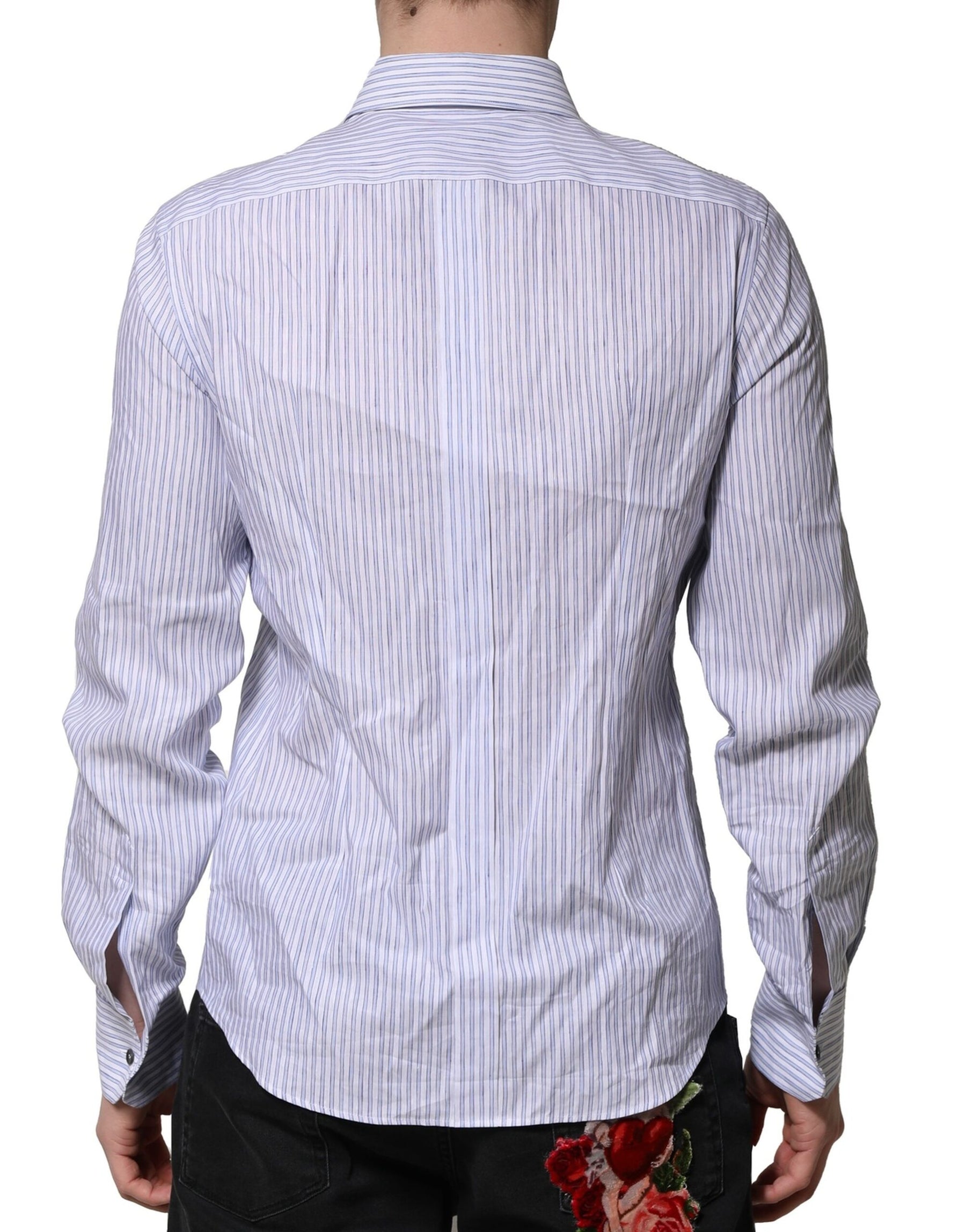 Dolce & Gabbana White Blue Striped Cotton Dress Formal Shirt | Regal Royce