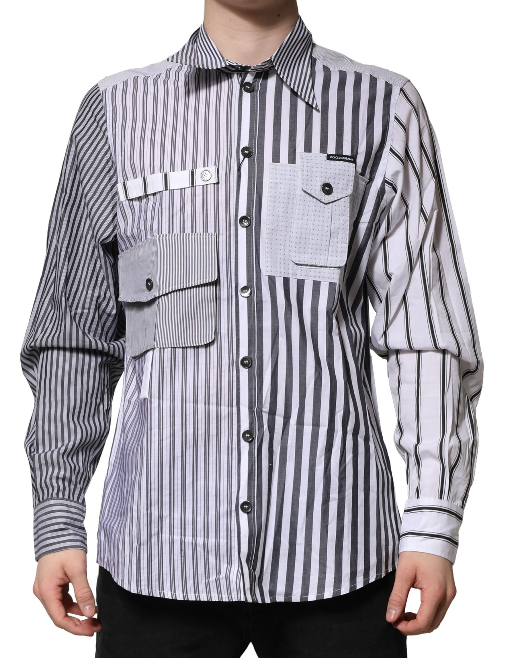 Dolce & Gabbana White Gray Striped Cotton Men Casual Shirt | Regal Royce