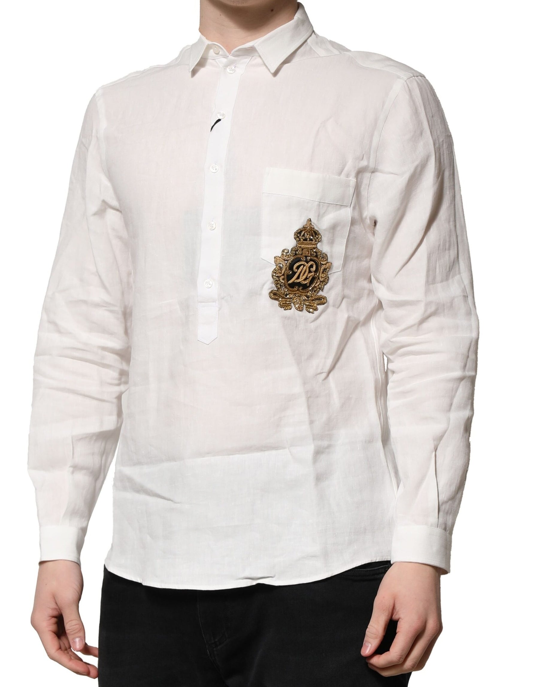 Dolce & Gabbana White DG Crown Embellish Dress Formal Shirt | Regal Royce