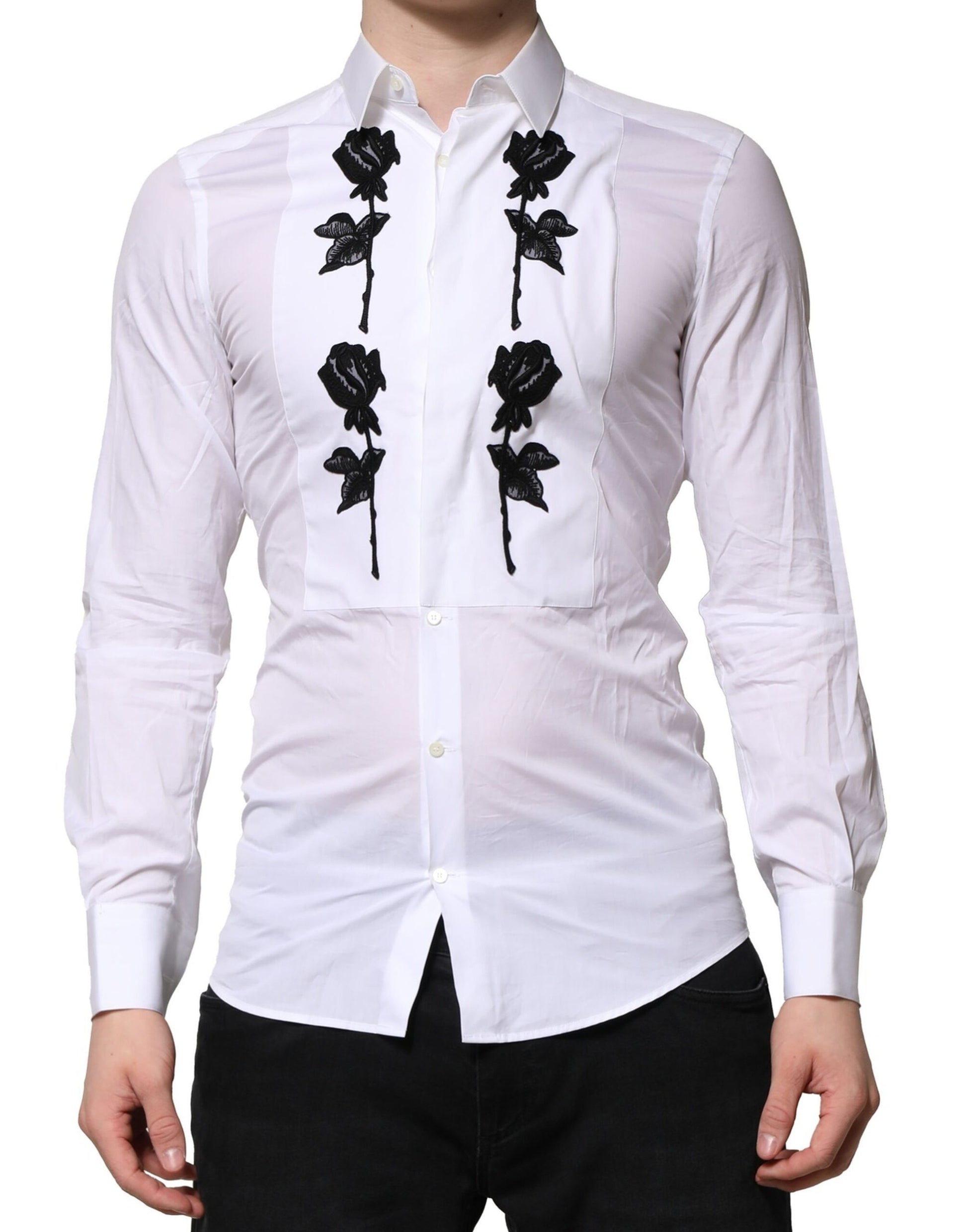 Dolce & Gabbana White Floral Embroidery Men GOLD Formal Shirt | Regal Royce