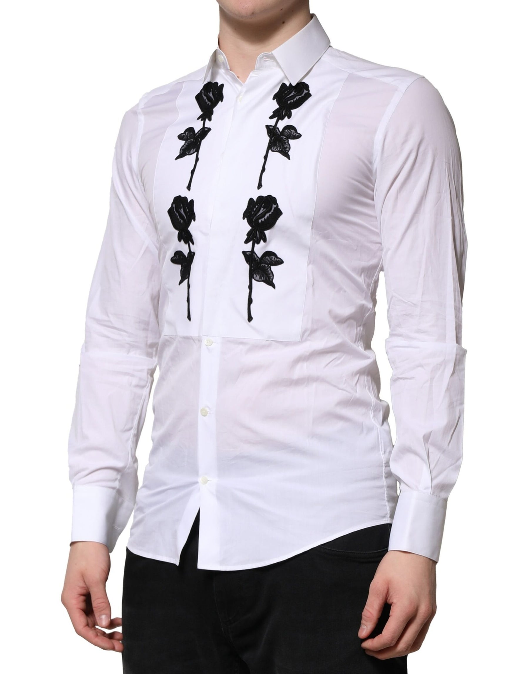 Dolce & Gabbana White Floral Embroidery Men GOLD Formal Shirt | Regal Royce