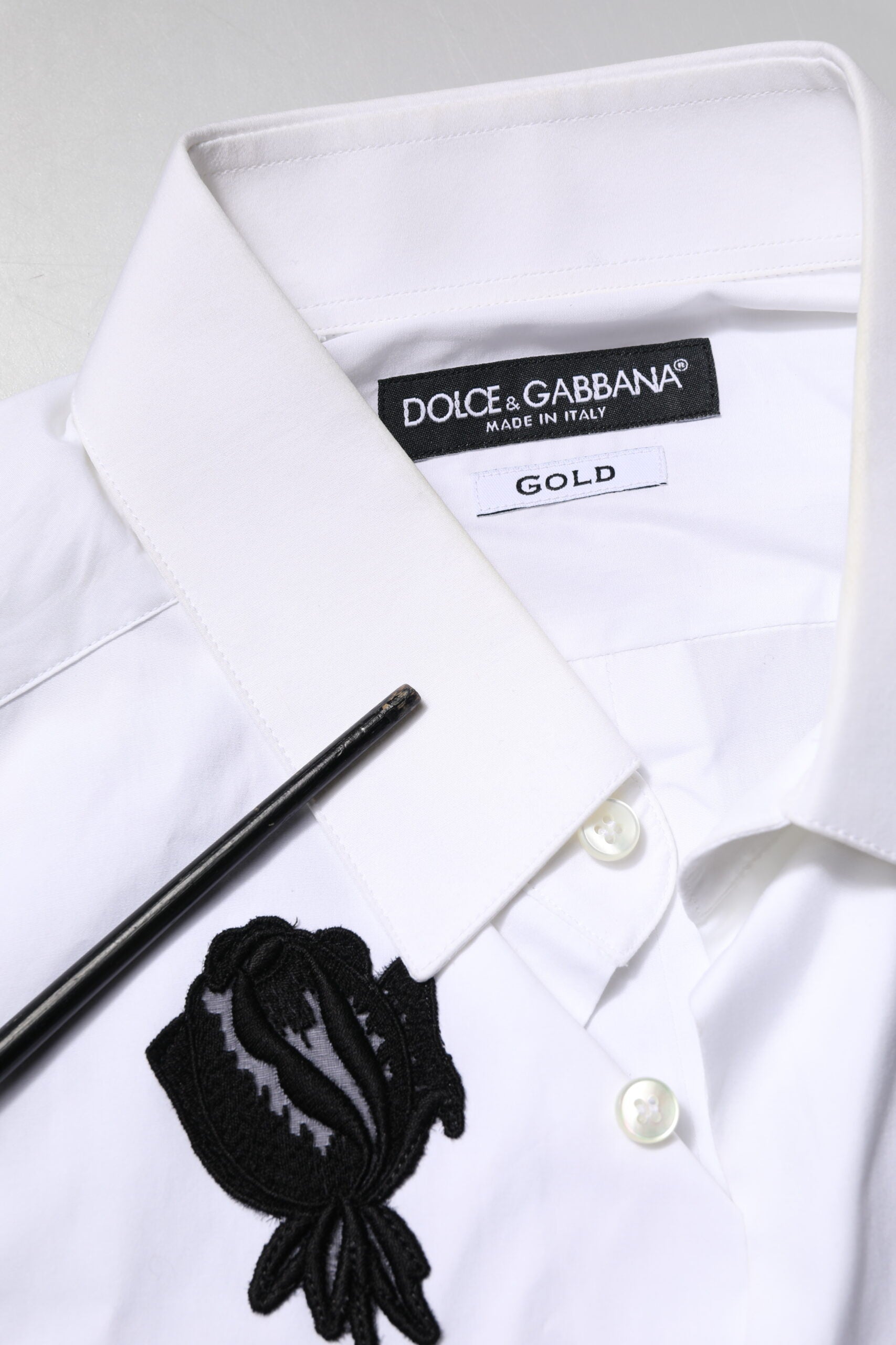 Dolce & Gabbana White Floral Embroidery Men GOLD Formal Shirt | Regal Royce