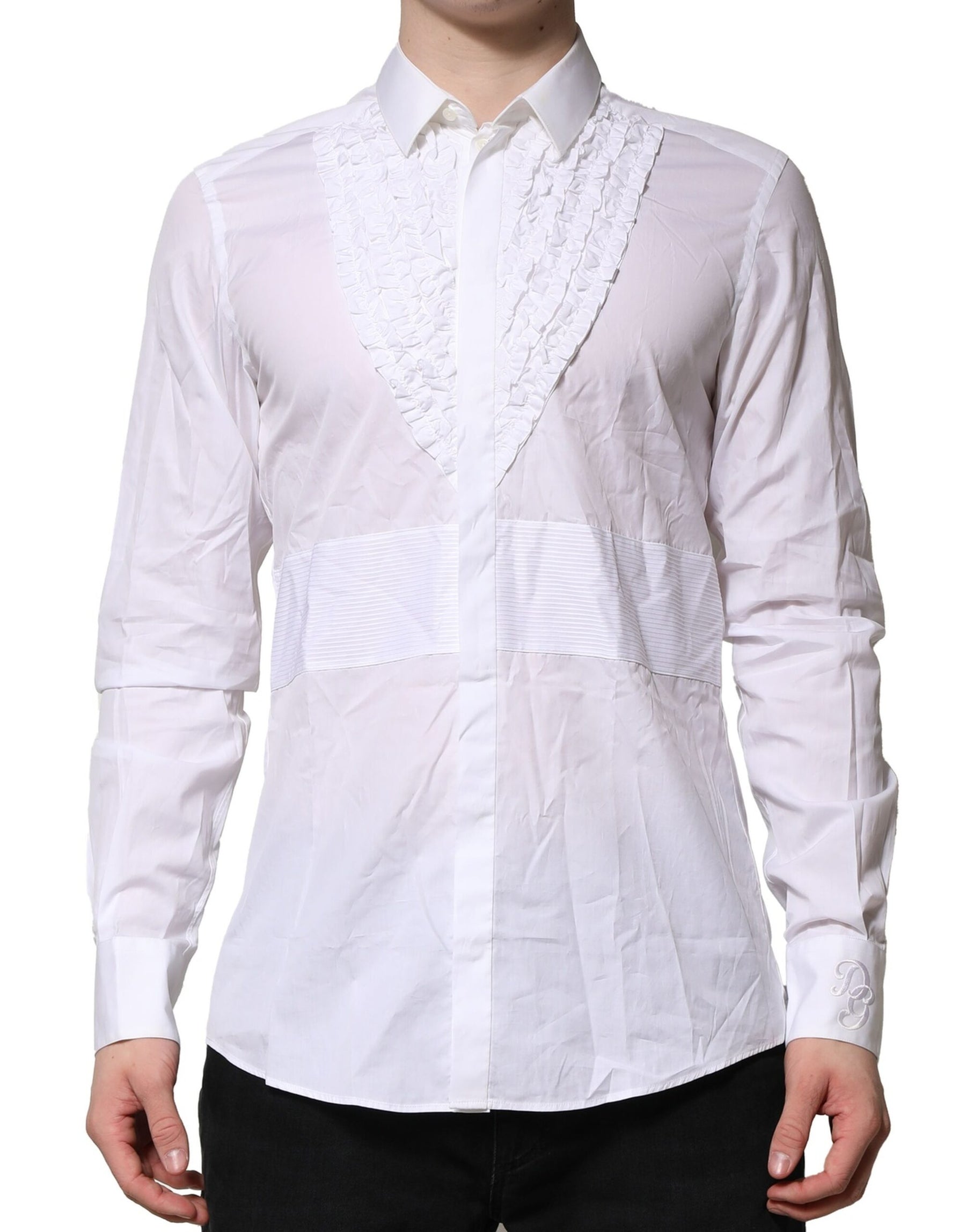 Dolce & Gabbana White Cotton Ruffled Detailing Formal Shirt | Regal Royce