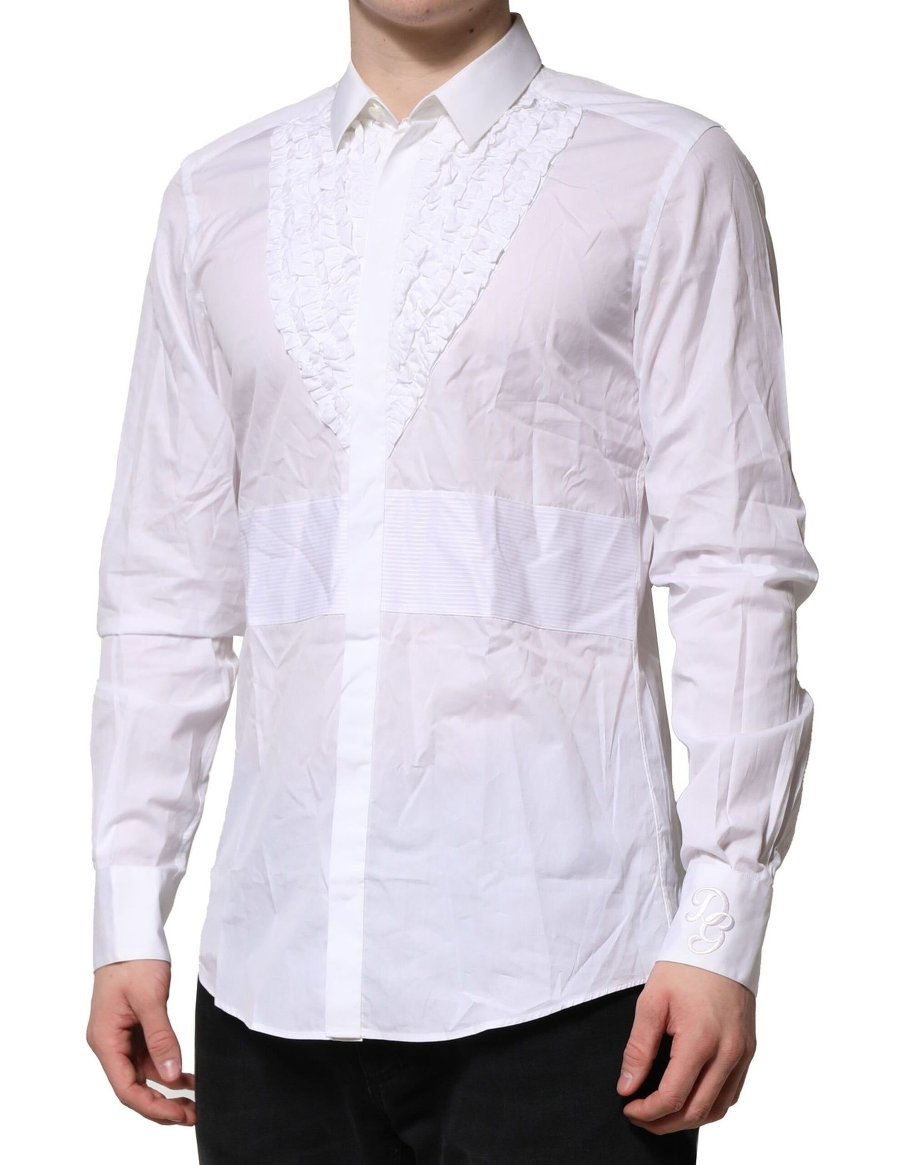 Dolce & Gabbana White Cotton Ruffled Detailing Formal Shirt | Regal Royce