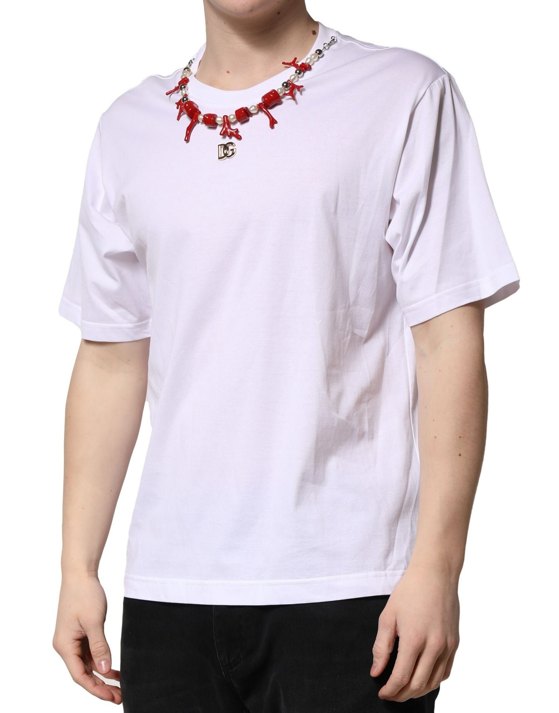 Dolce & Gabbana White Embellished Cotton Crew Neck T-shirt | Regal Royce