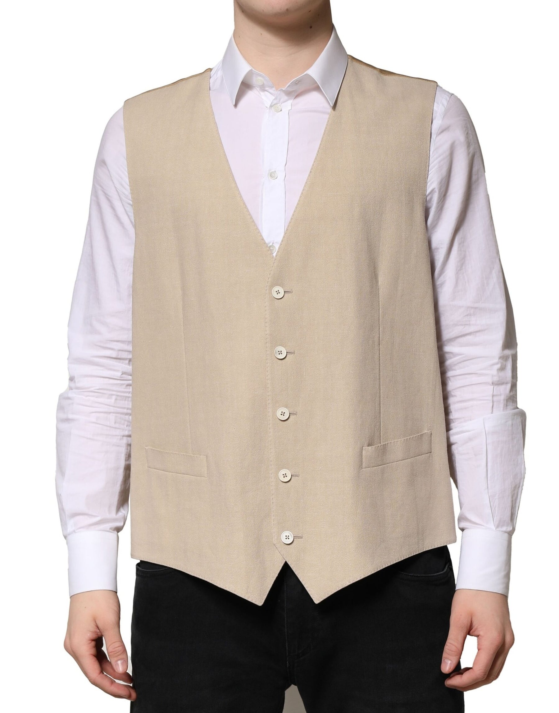 Dolce & Gabbana Beige Linen Dress Formal Men Waistcoat Vest | Regal Royce