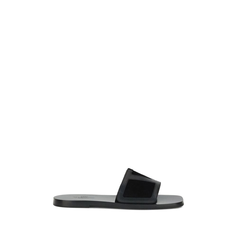 Valentino Garavani Black Calf Leather Bos Taurus Flat Sandals | Regal Royce