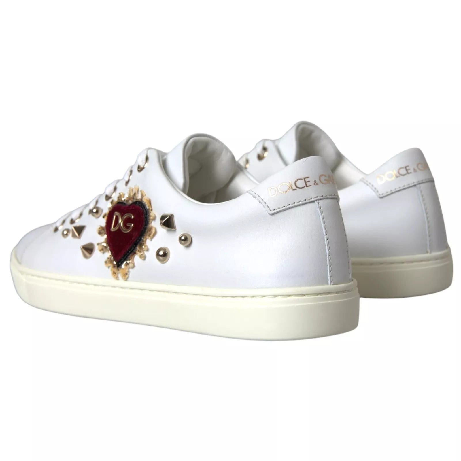 Dolce & Gabbana White Leather Gold Red Heart Sneakers Shoes | Regal Royce