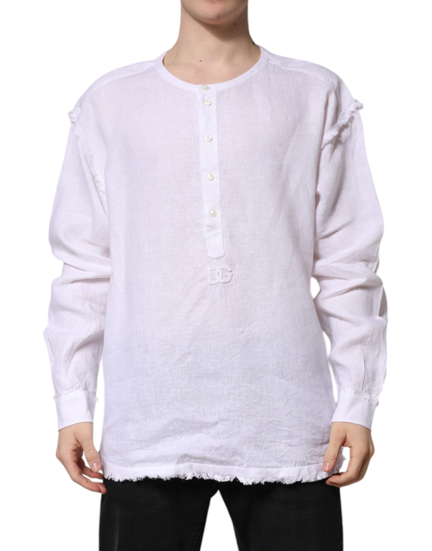 Dolce & Gabbana White Linen Long Sleeves Casual Men Shirt | Regal Royce
