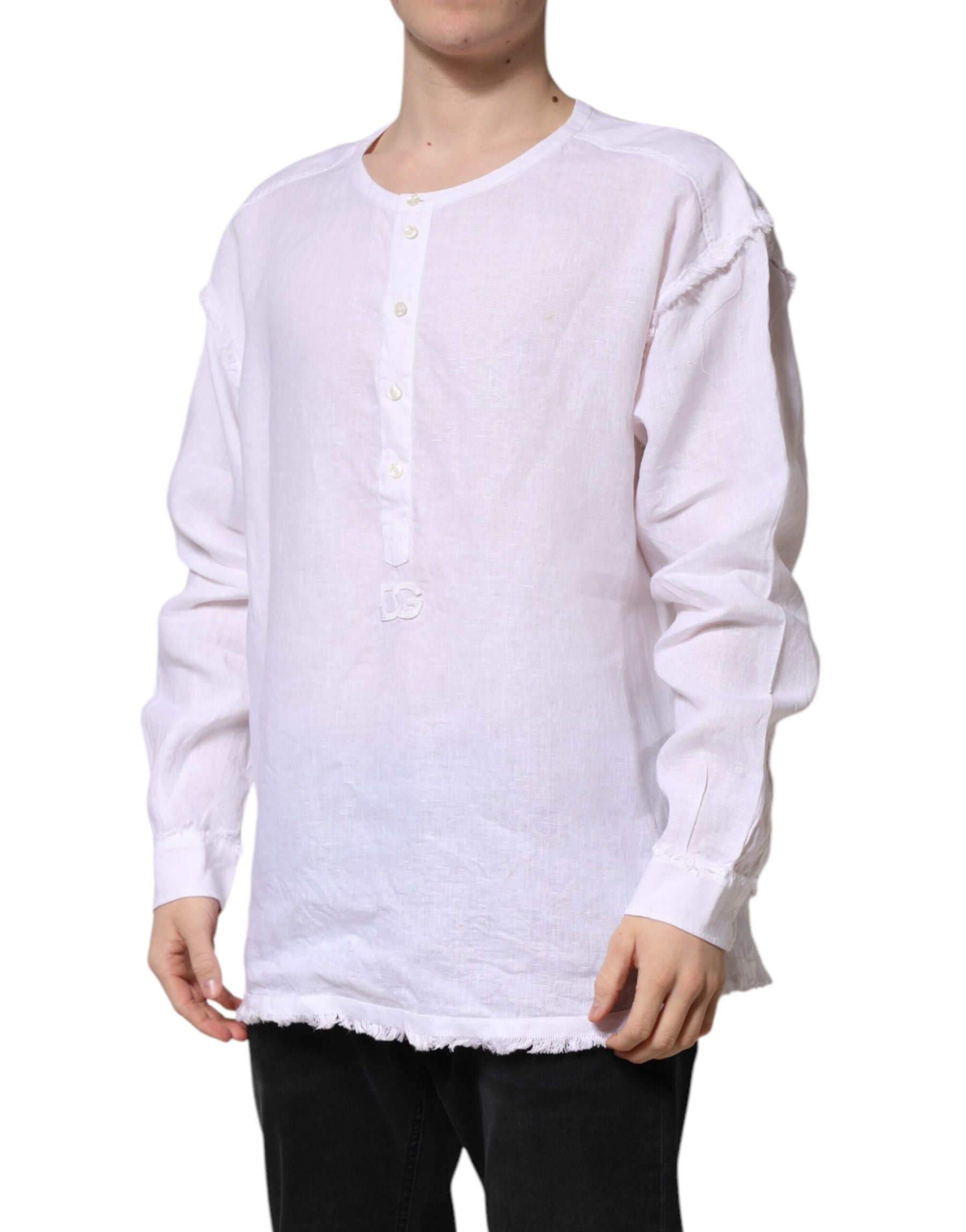 Dolce & Gabbana White Linen Long Sleeves Casual Men Shirt | Regal Royce