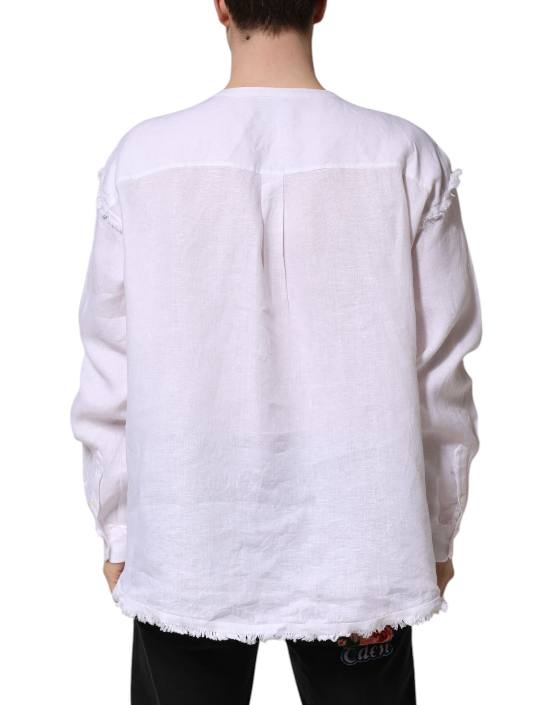 Dolce & Gabbana White Linen Long Sleeves Casual Men Shirt | Regal Royce