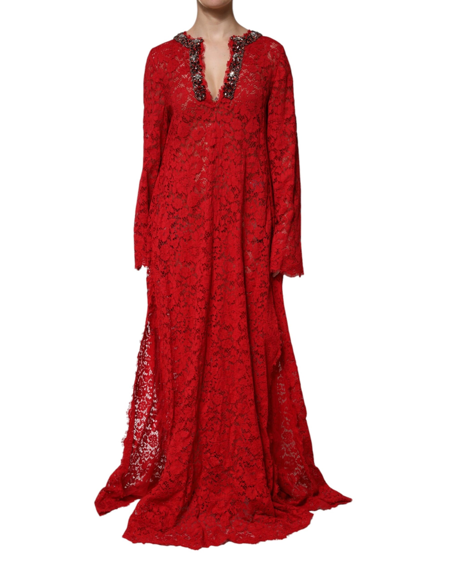 Dolce & Gabbana Red Floral Lace Rhinestone Embellished Dress | Regal Royce