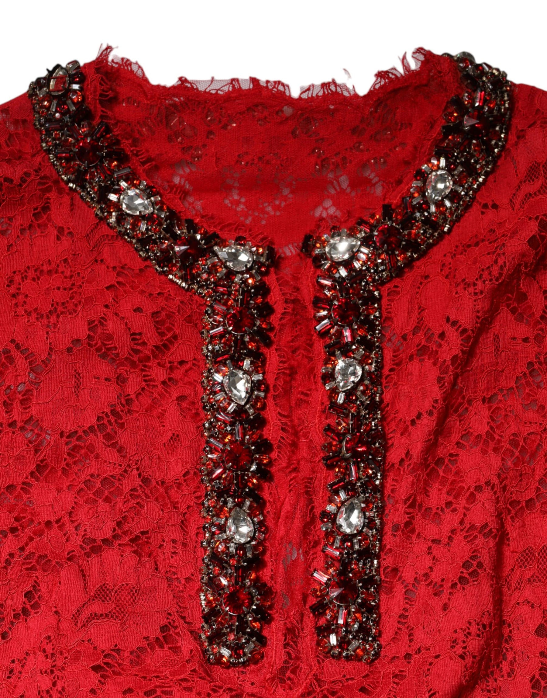 Dolce & Gabbana Red Floral Lace Rhinestone Embellished Dress | Regal Royce