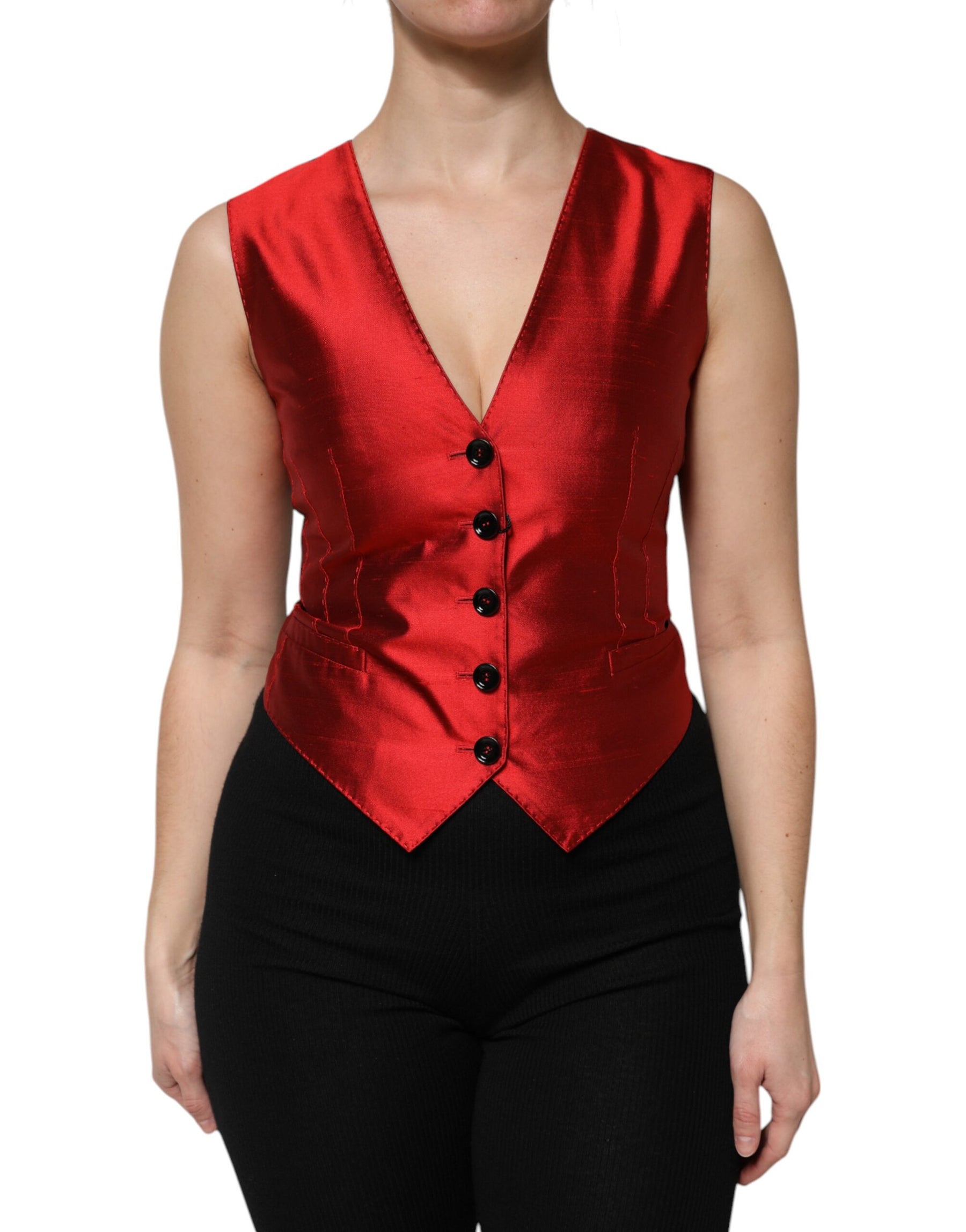 Dolce & Gabbana Red Black Button Down Sleeveless Vest Top | Regal Royce