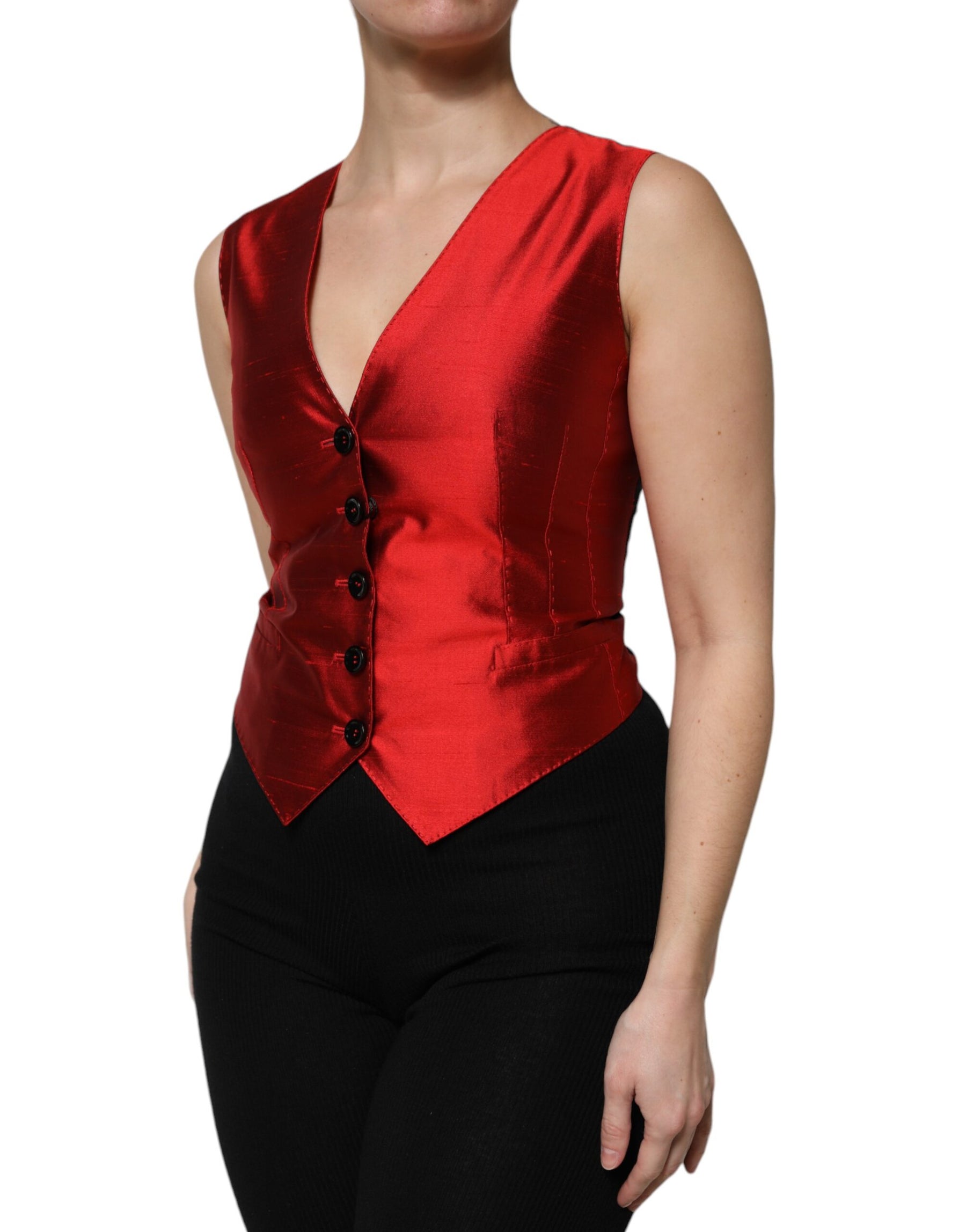 Dolce & Gabbana Red Black Button Down Sleeveless Vest Top | Regal Royce