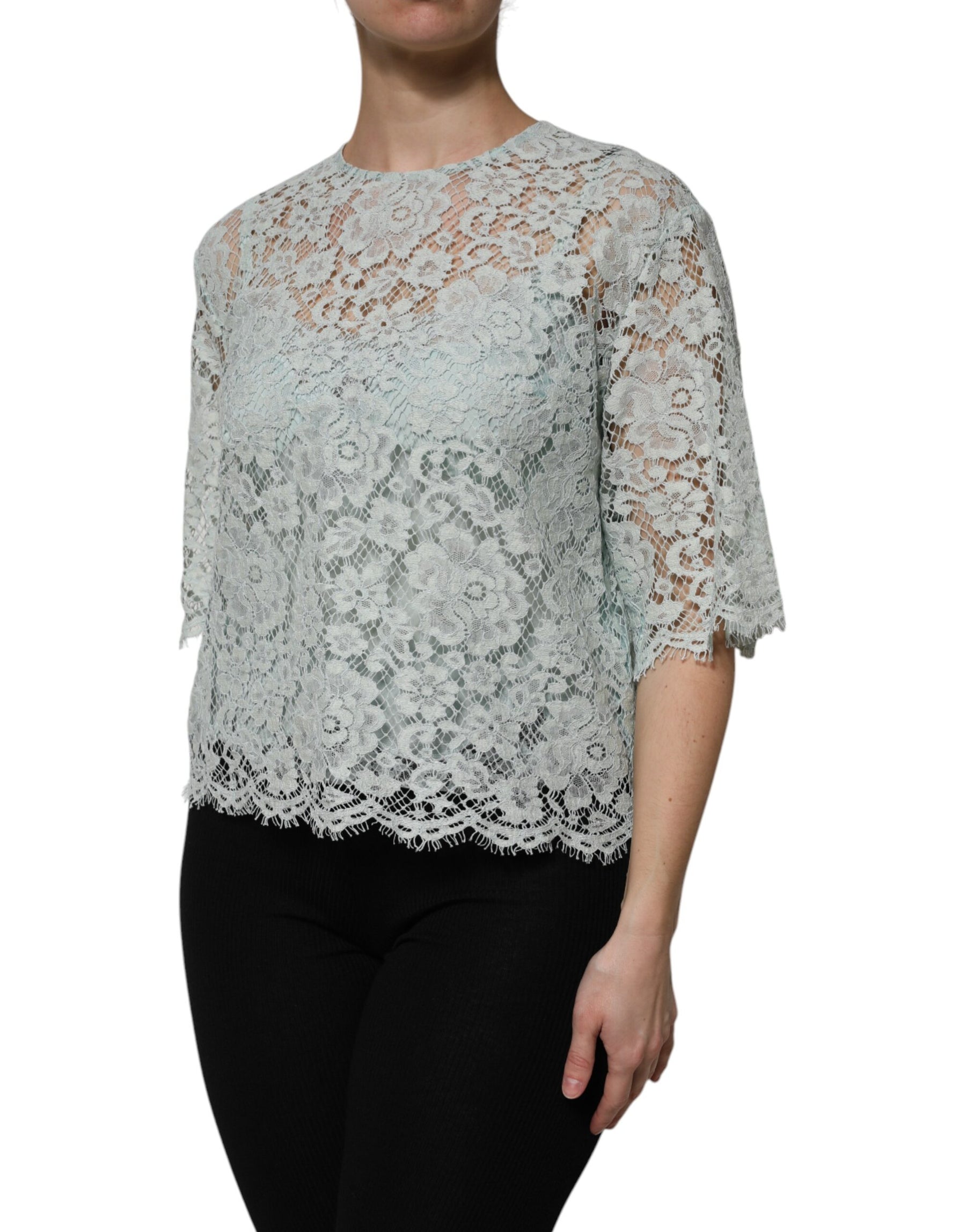 Dolce & Gabbana Mint Green Floral Lace Cotton Blouse Top | Regal Royce