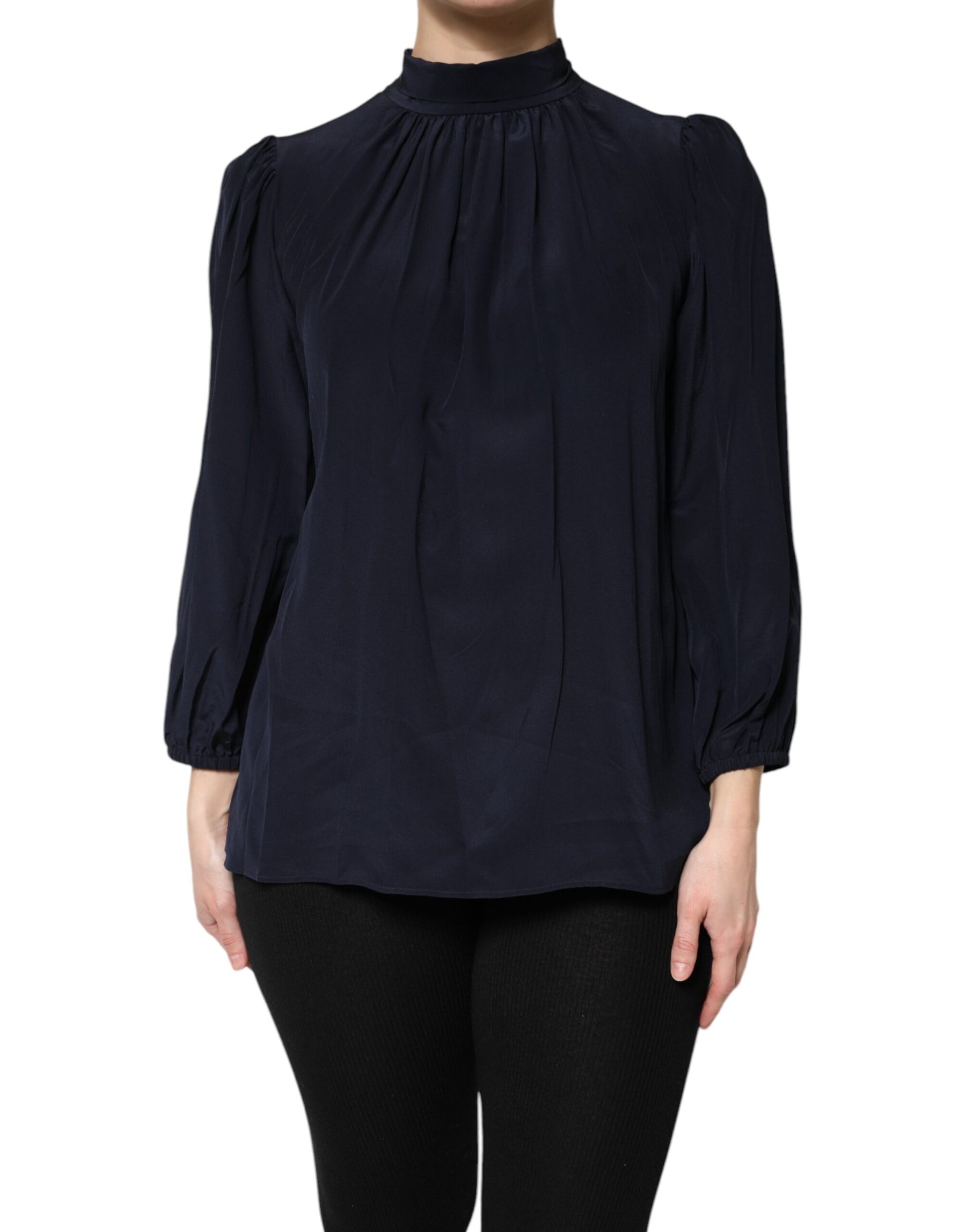 Dolce & Gabbana Blue Silk Mock Neck Long Sleeves Blouse Top | Regal Royce
