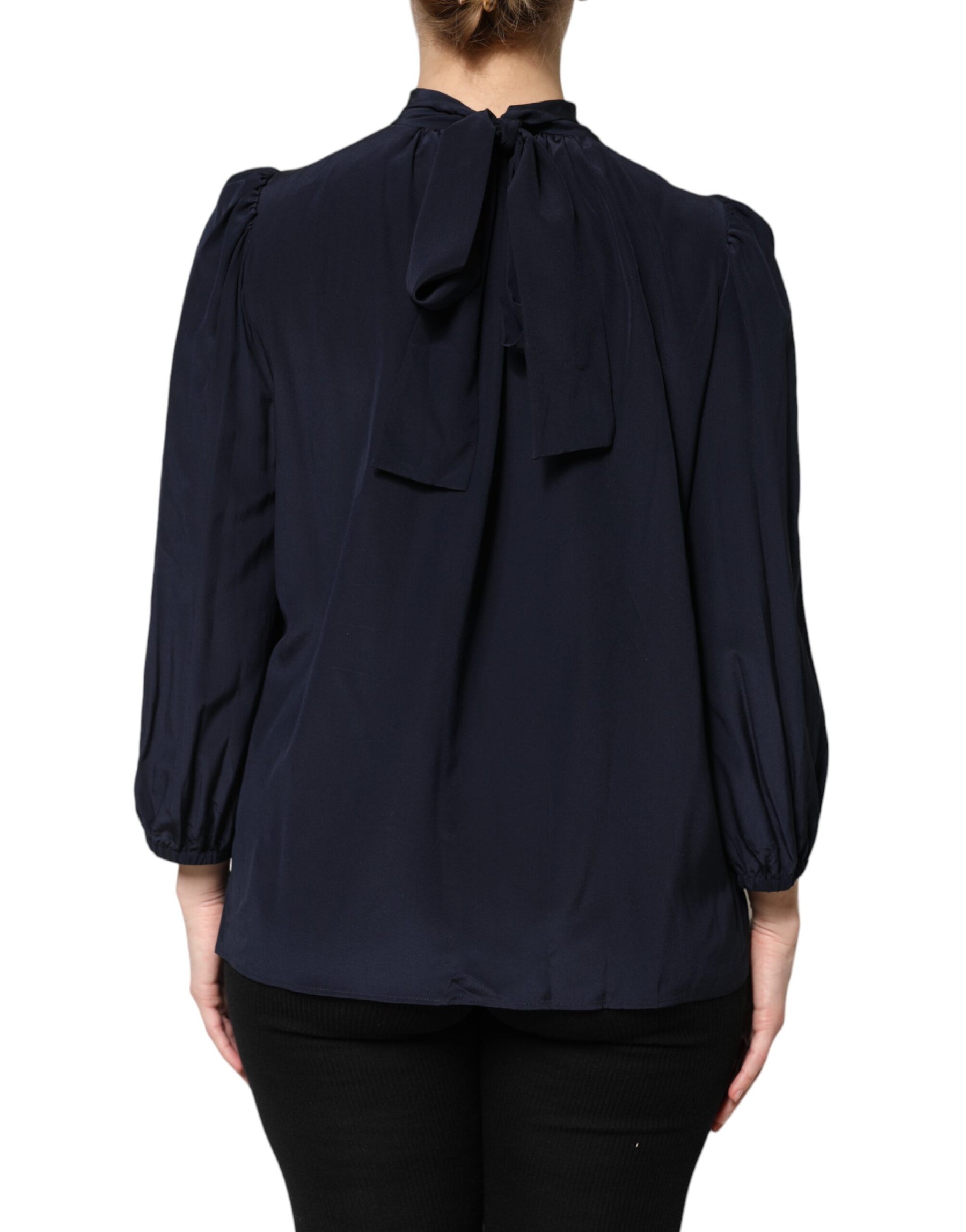 Dolce & Gabbana Blue Silk Mock Neck Long Sleeves Blouse Top | Regal Royce
