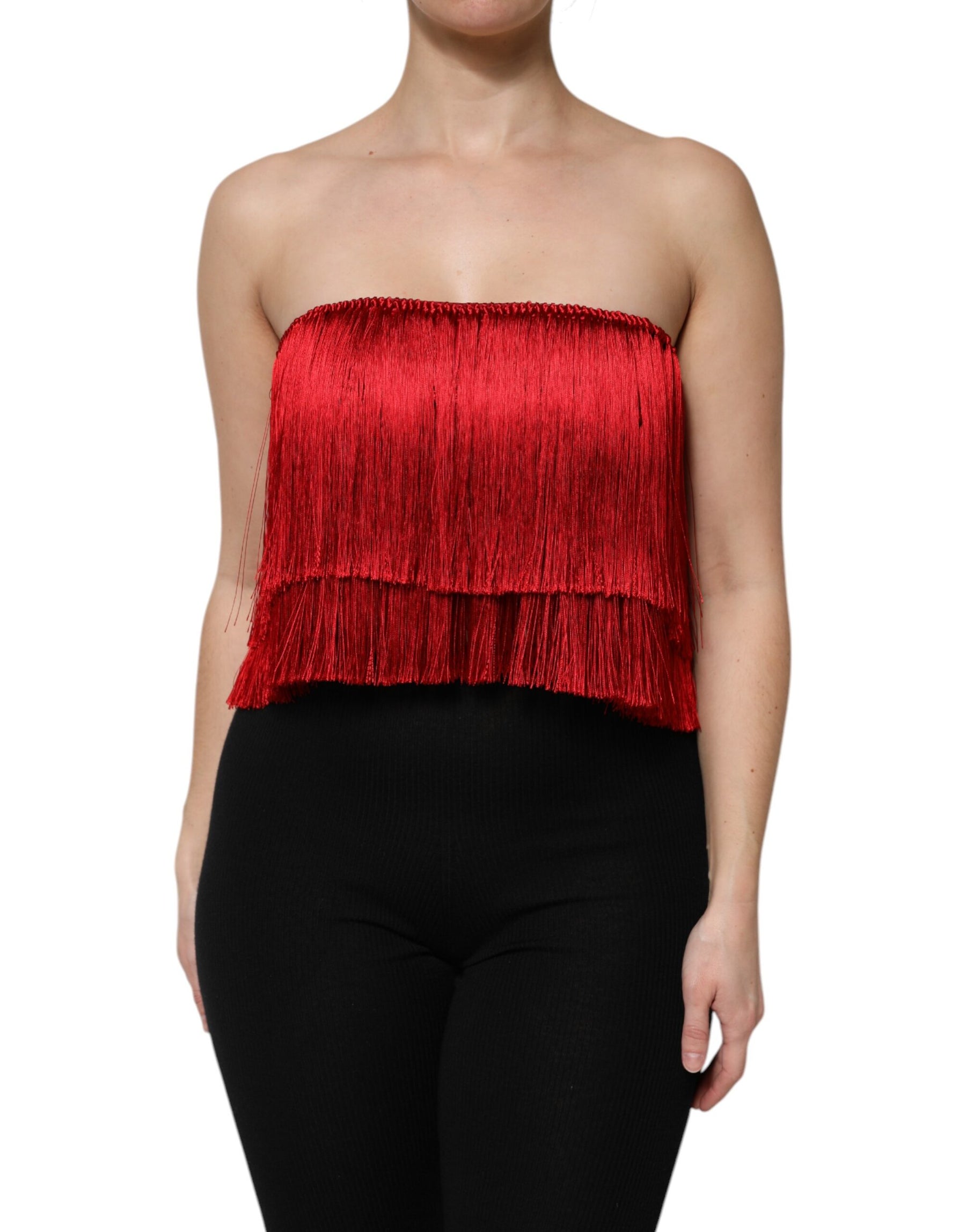 Dolce & Gabbana Red Silk Strapless Fringe Crop Tube Top | Regal Royce