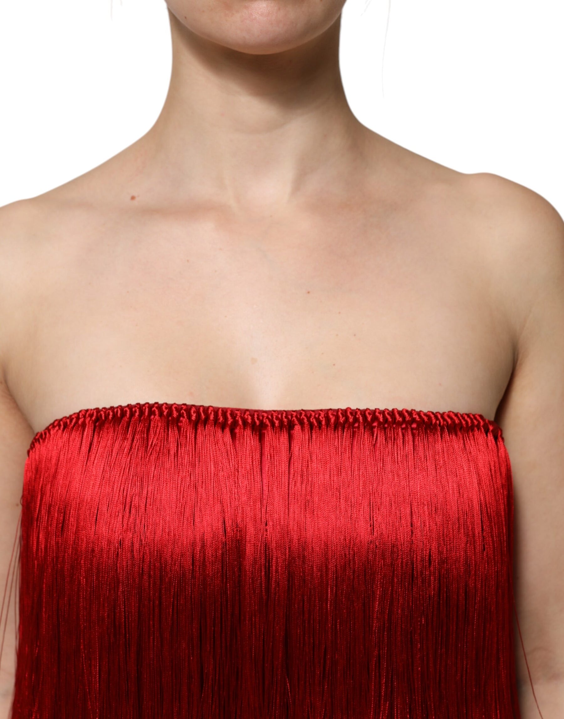 Dolce & Gabbana Red Silk Strapless Fringe Crop Tube Top | Regal Royce