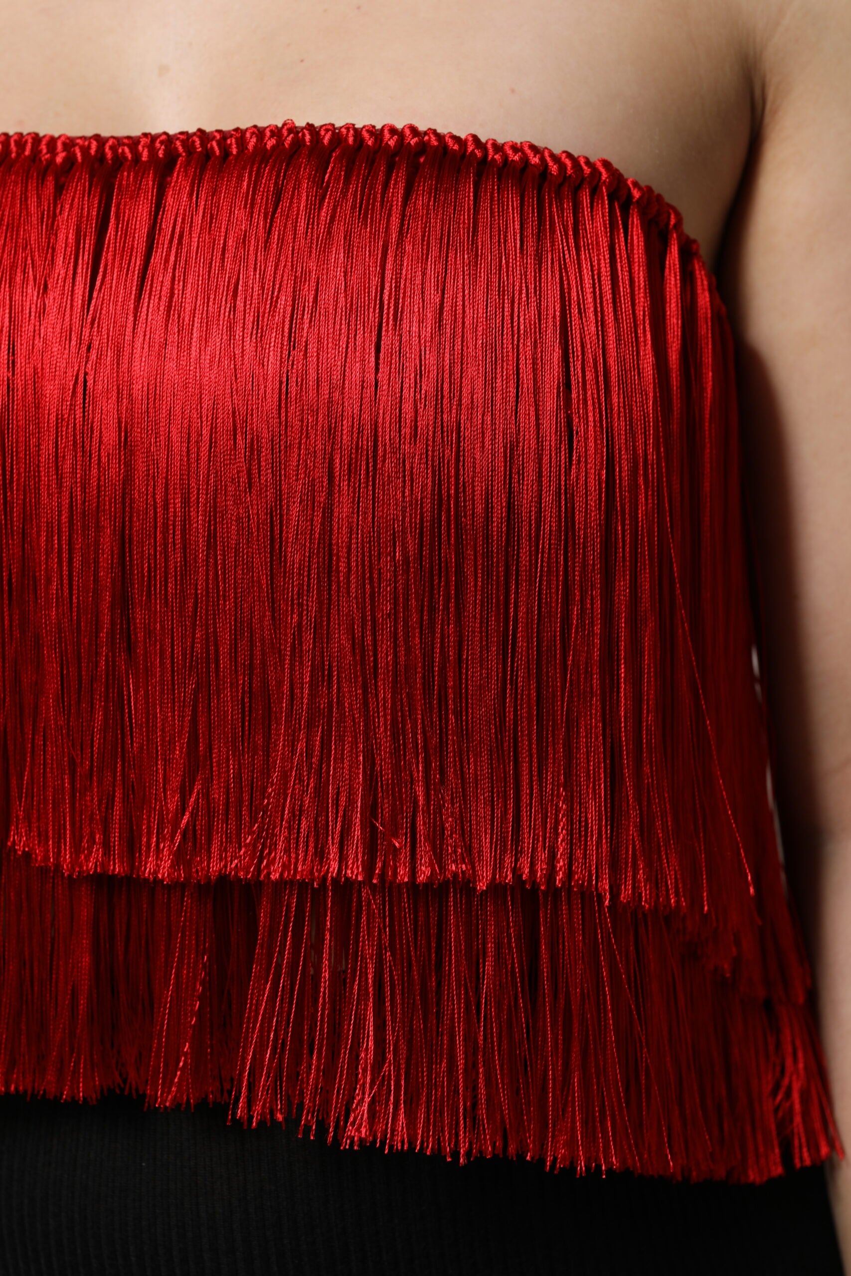 Dolce & Gabbana Red Silk Strapless Fringe Crop Tube Top | Regal Royce