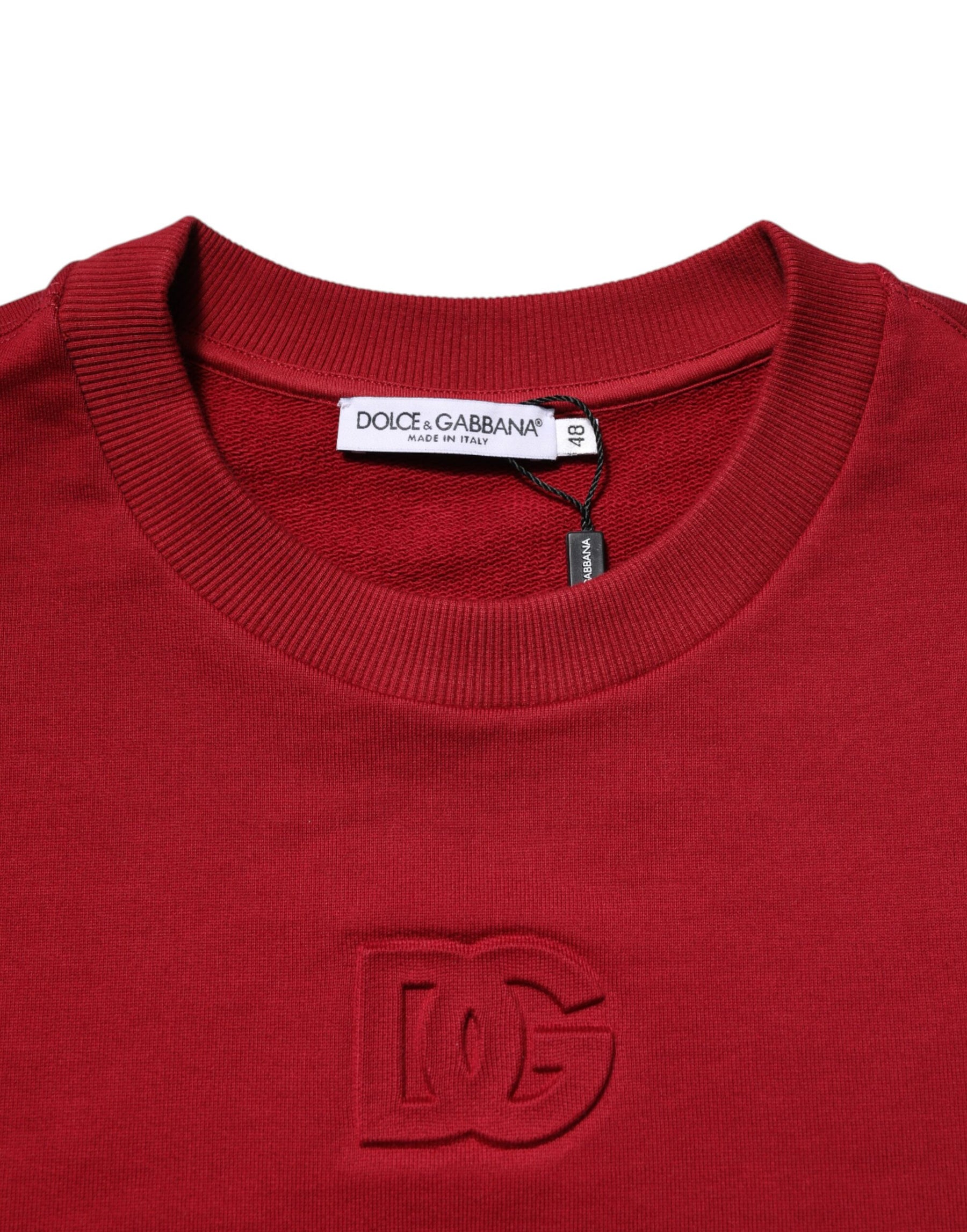 Dolce & Gabbana Red Embossed Logo Cotton Crew Neck Sweater | Regal Royce