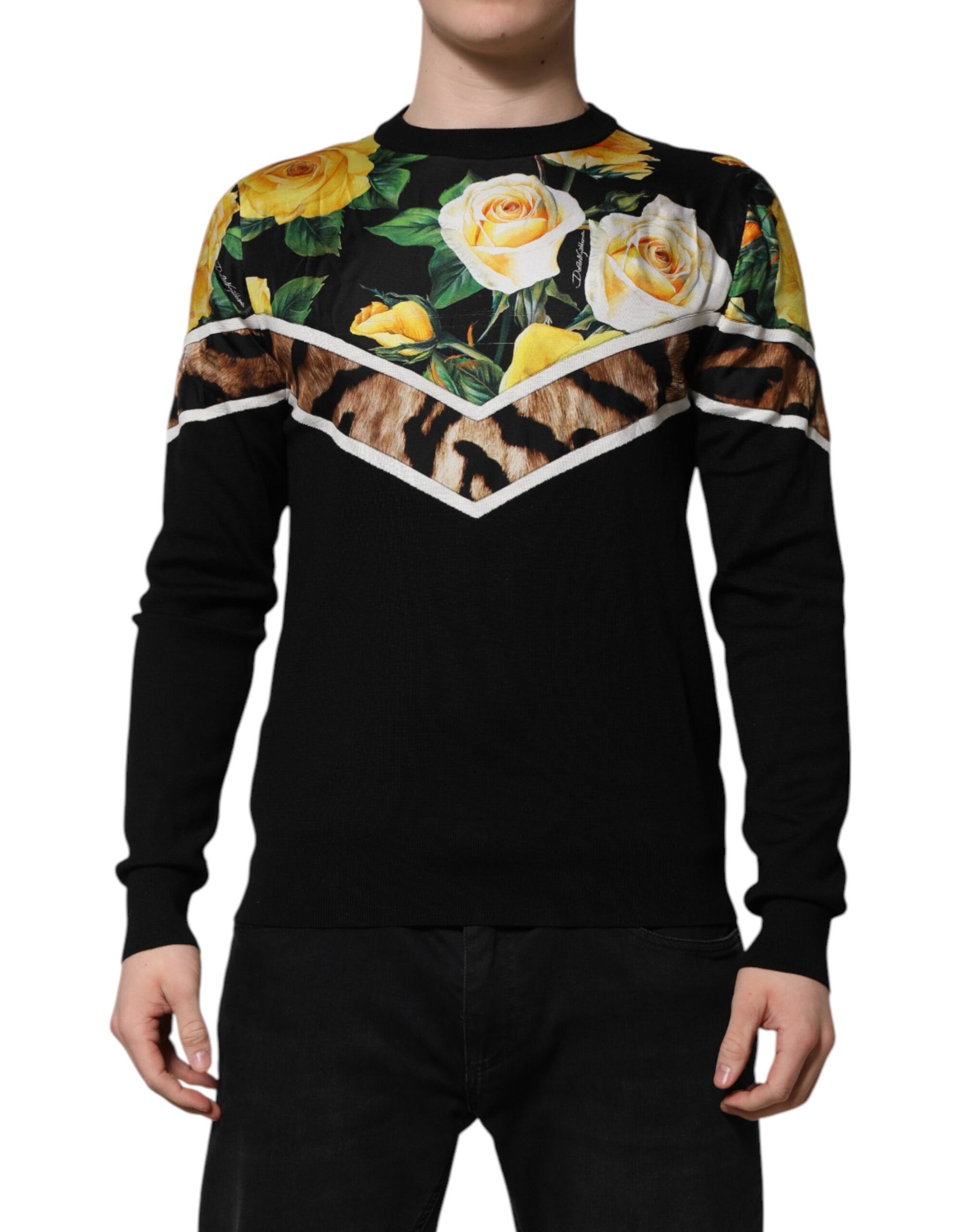 Dolce & Gabbana Black Silk Floral Crew Neck Pullover Sweater | Regal Royce