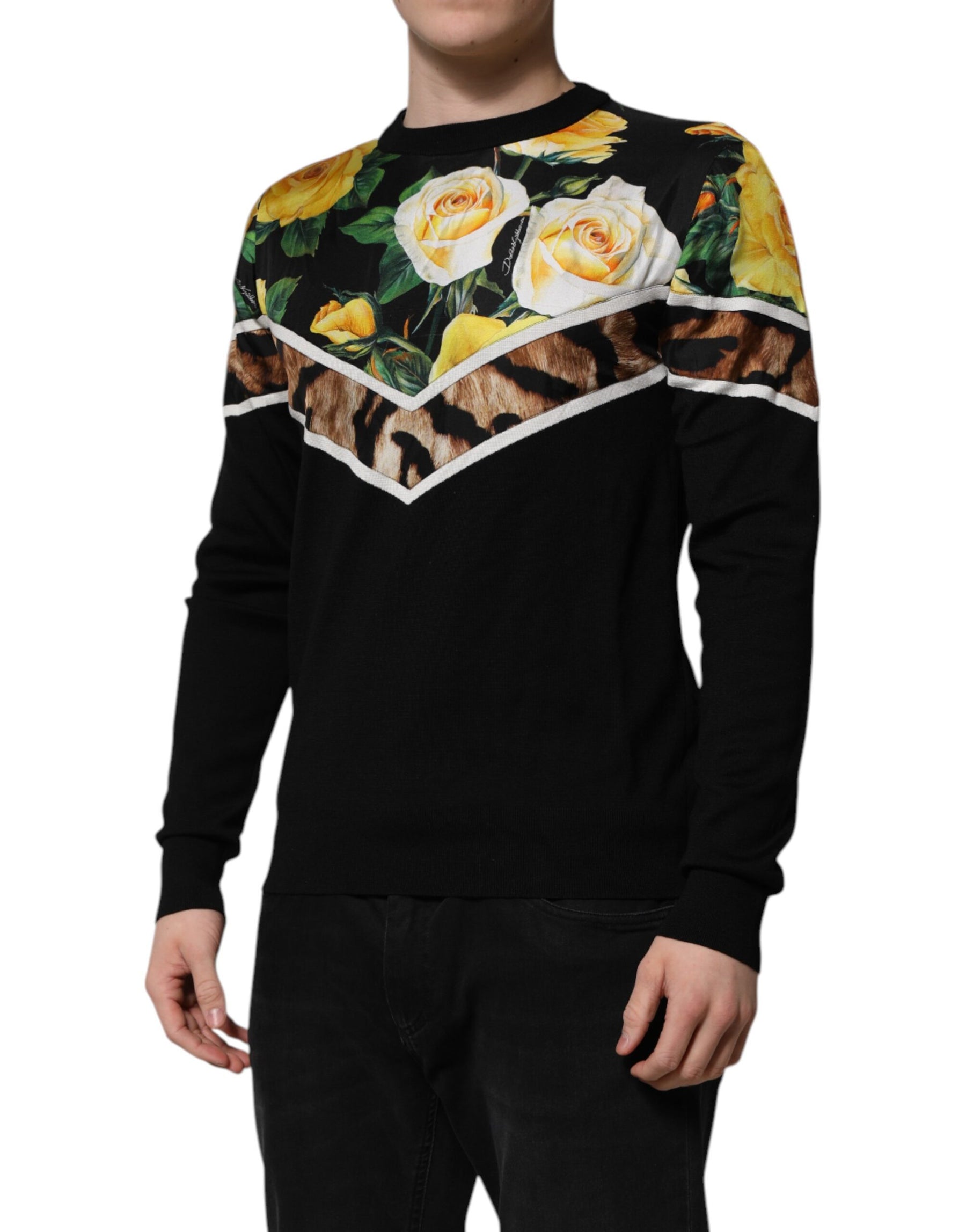 Dolce & Gabbana Black Silk Floral Crew Neck Pullover Sweater | Regal Royce