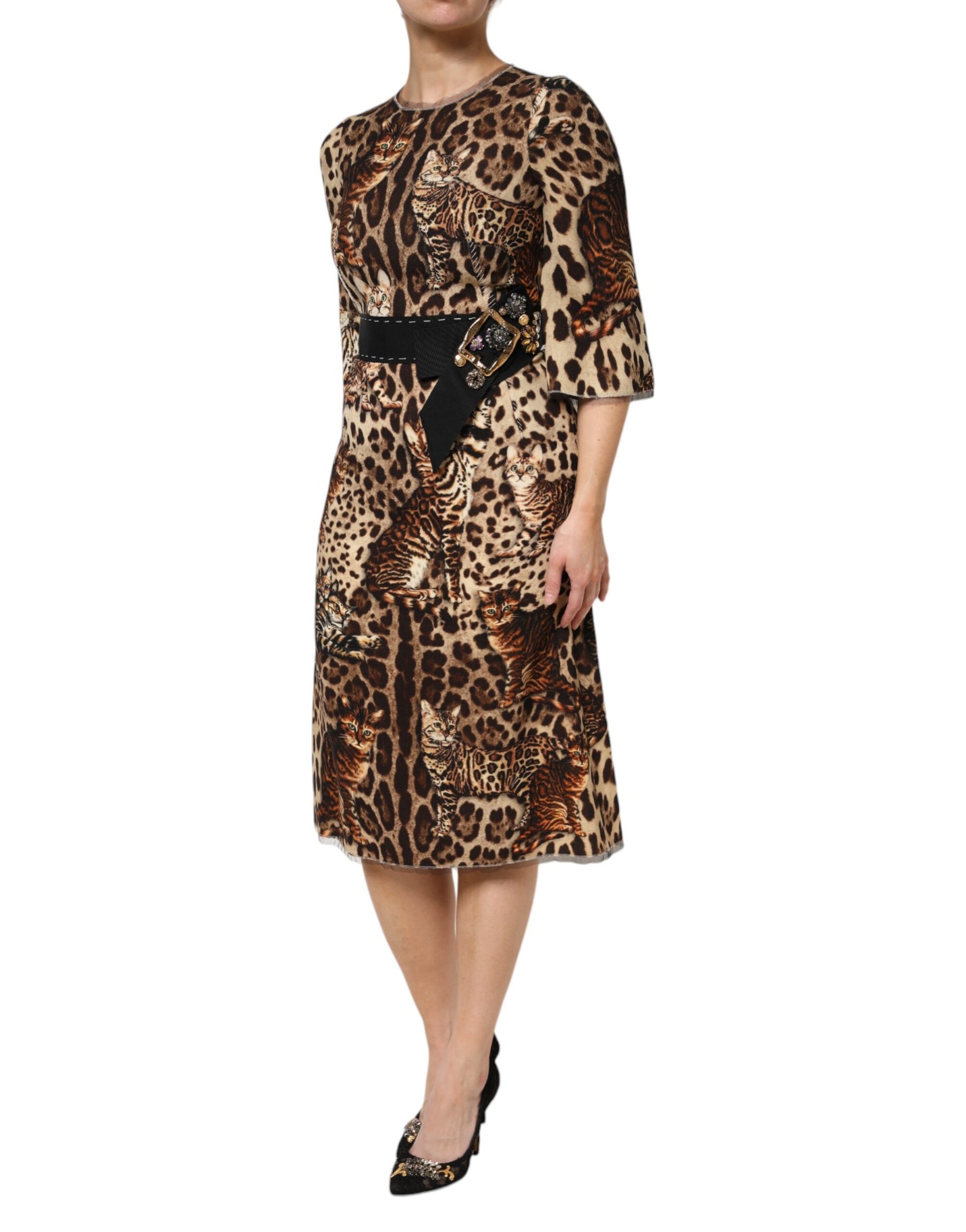 Dolce & Gabbana Brown Leopard Print Belted A-line Midi Dress | Regal Royce