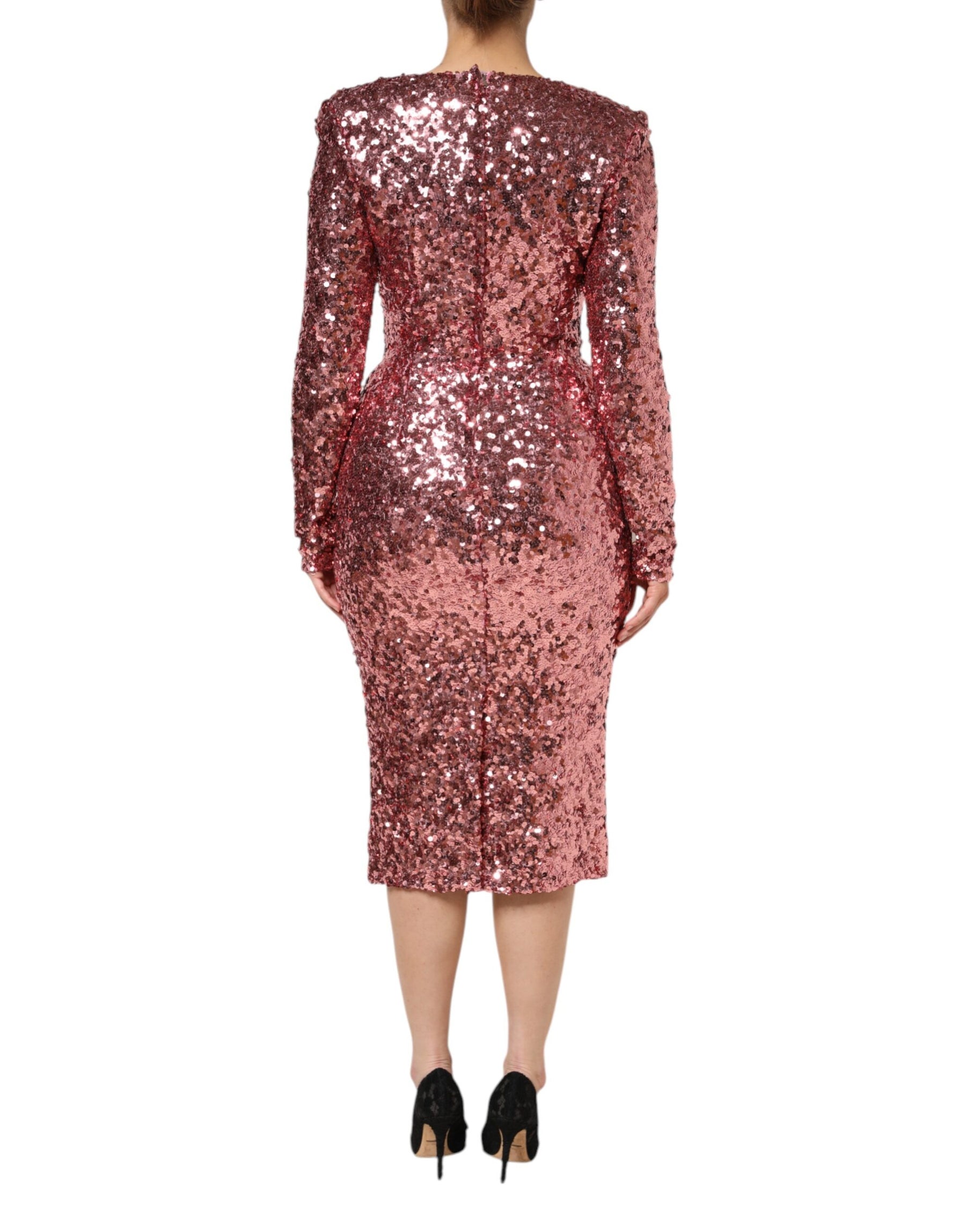 Dolce & Gabbana Pink Sequin Statement Nylon Midi V-Neck Dress | Regal Royce