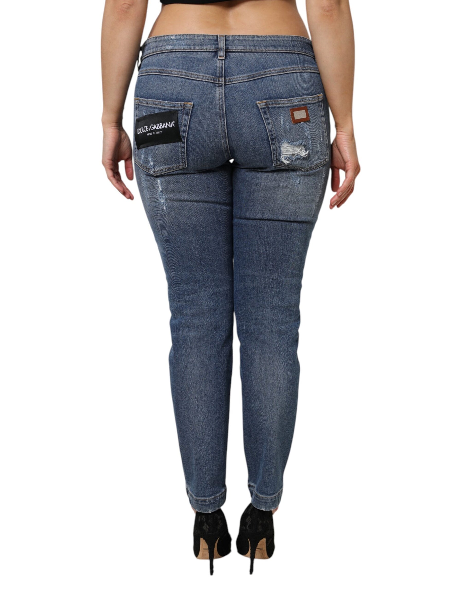 Dolce & Gabbana Blue Tattered Cotton Low Waist Denim Jeans | Regal Royce