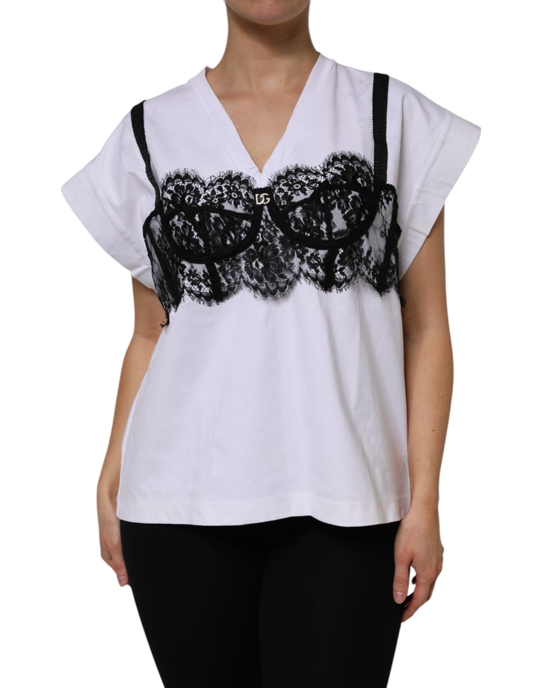 Dolce & Gabbana White Lace Cotton V-Neck Short Sleeves Top | Regal Royce