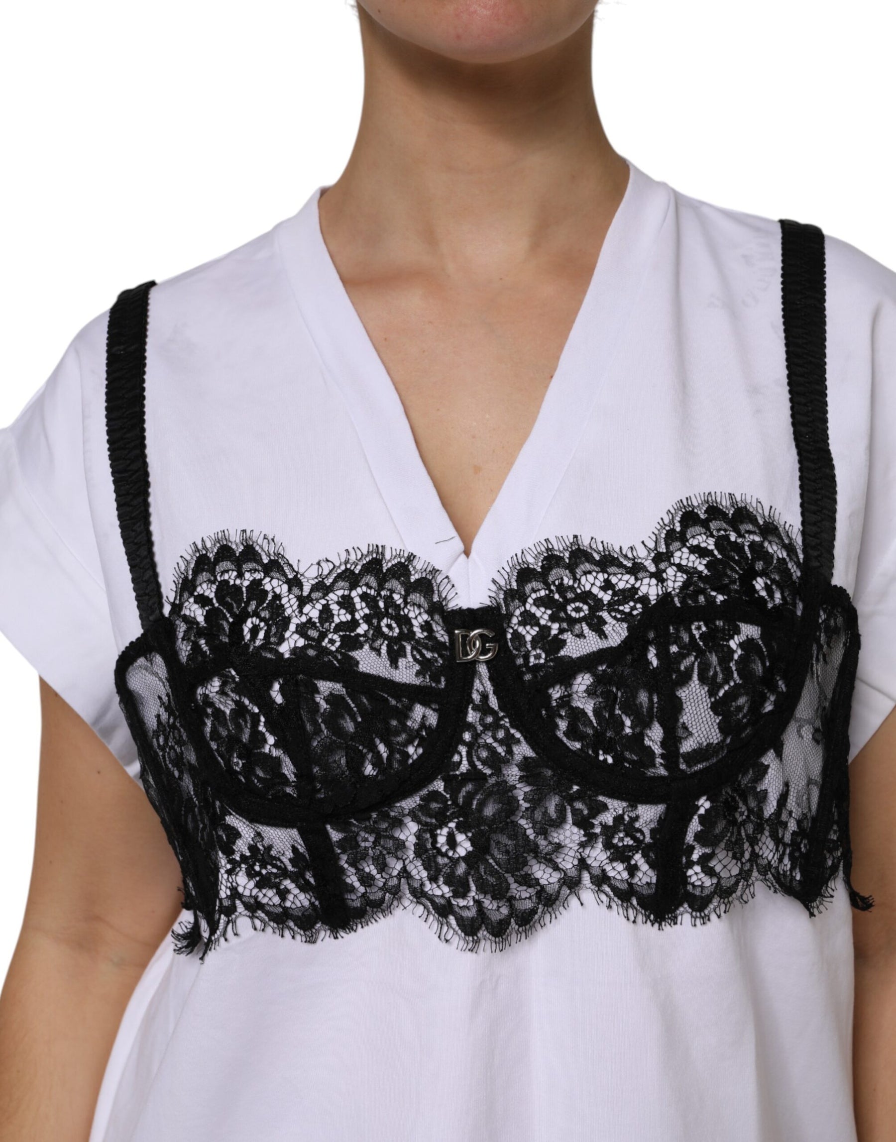 Dolce & Gabbana White Lace Cotton V-Neck Short Sleeves Top | Regal Royce