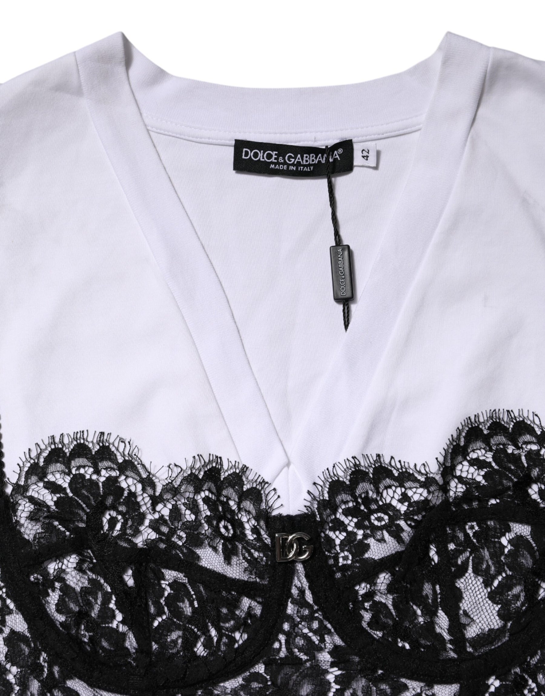 Dolce & Gabbana White Lace Cotton V-Neck Short Sleeves Top | Regal Royce