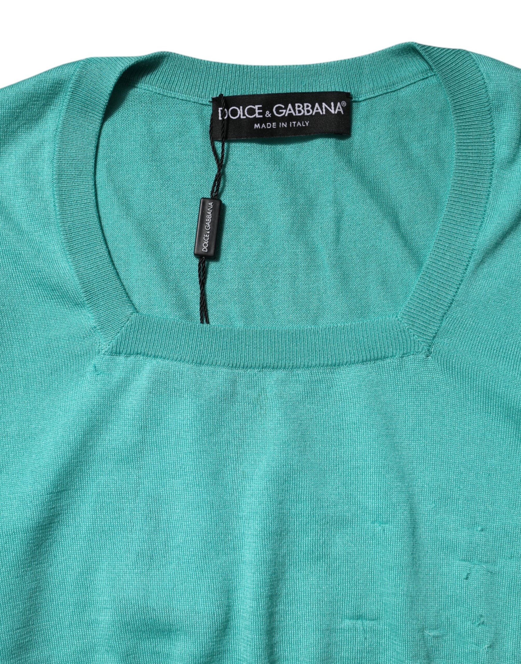 Dolce & Gabbana Aqua Blue Silk Short Sleeves Square Neck Top | Regal Royce
