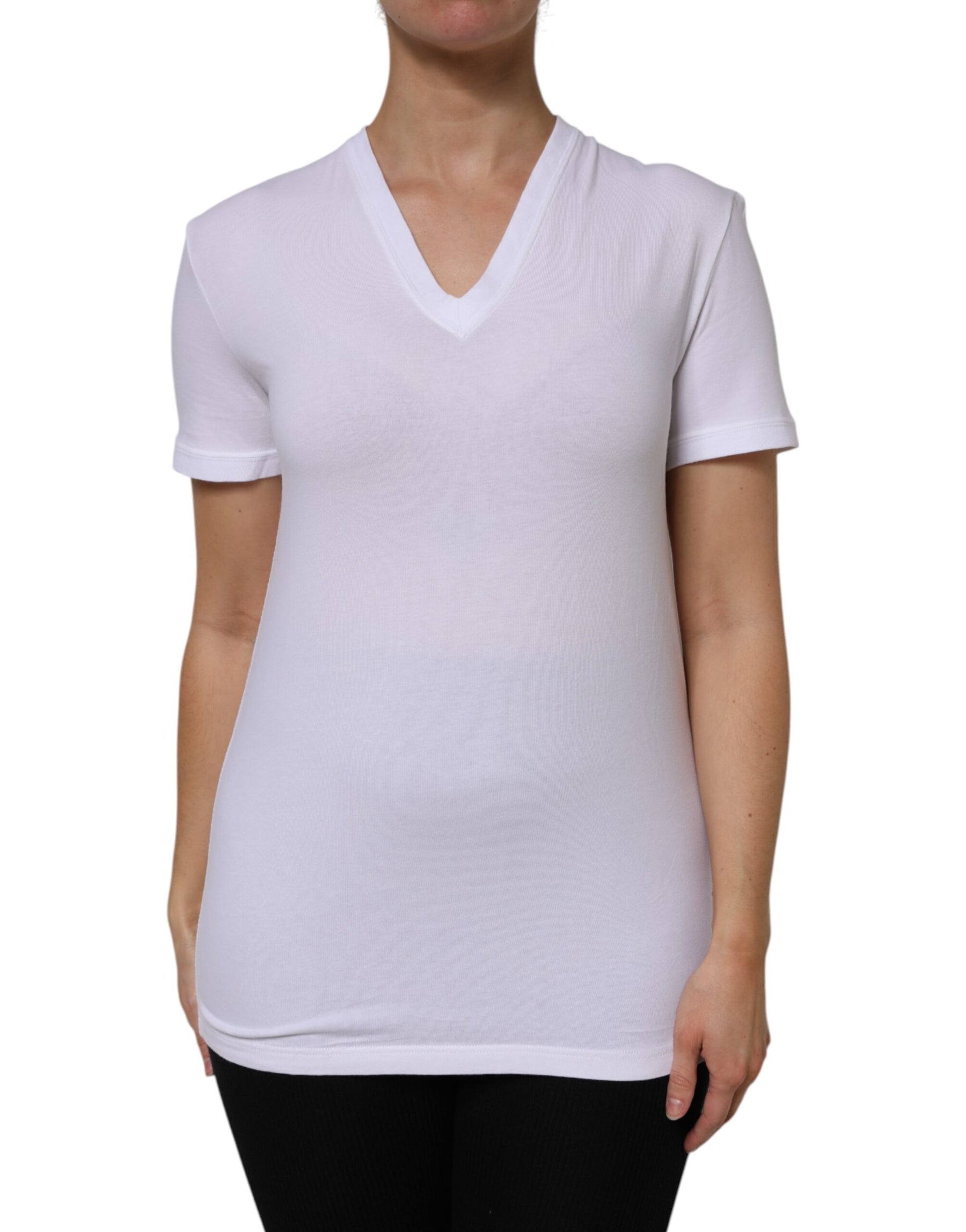 Dolce & Gabbana White Cotton Short Sleeves V-Neck Top T-shirt | Regal Royce
