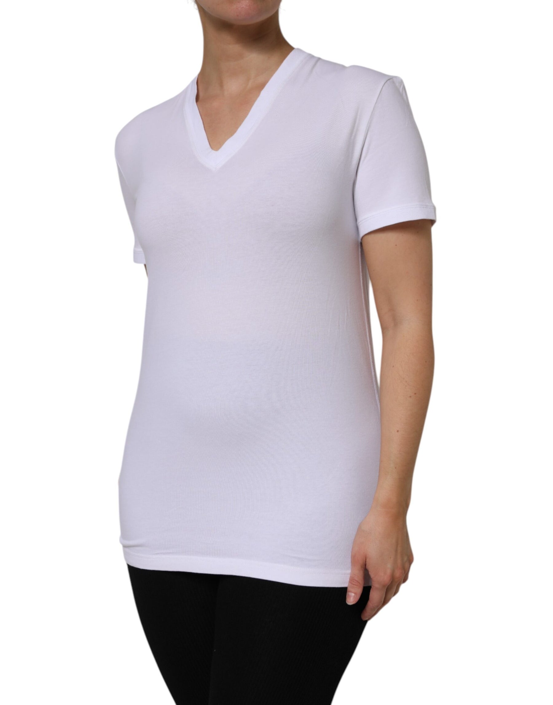 Dolce & Gabbana White Cotton Short Sleeves V-Neck Top T-shirt | Regal Royce
