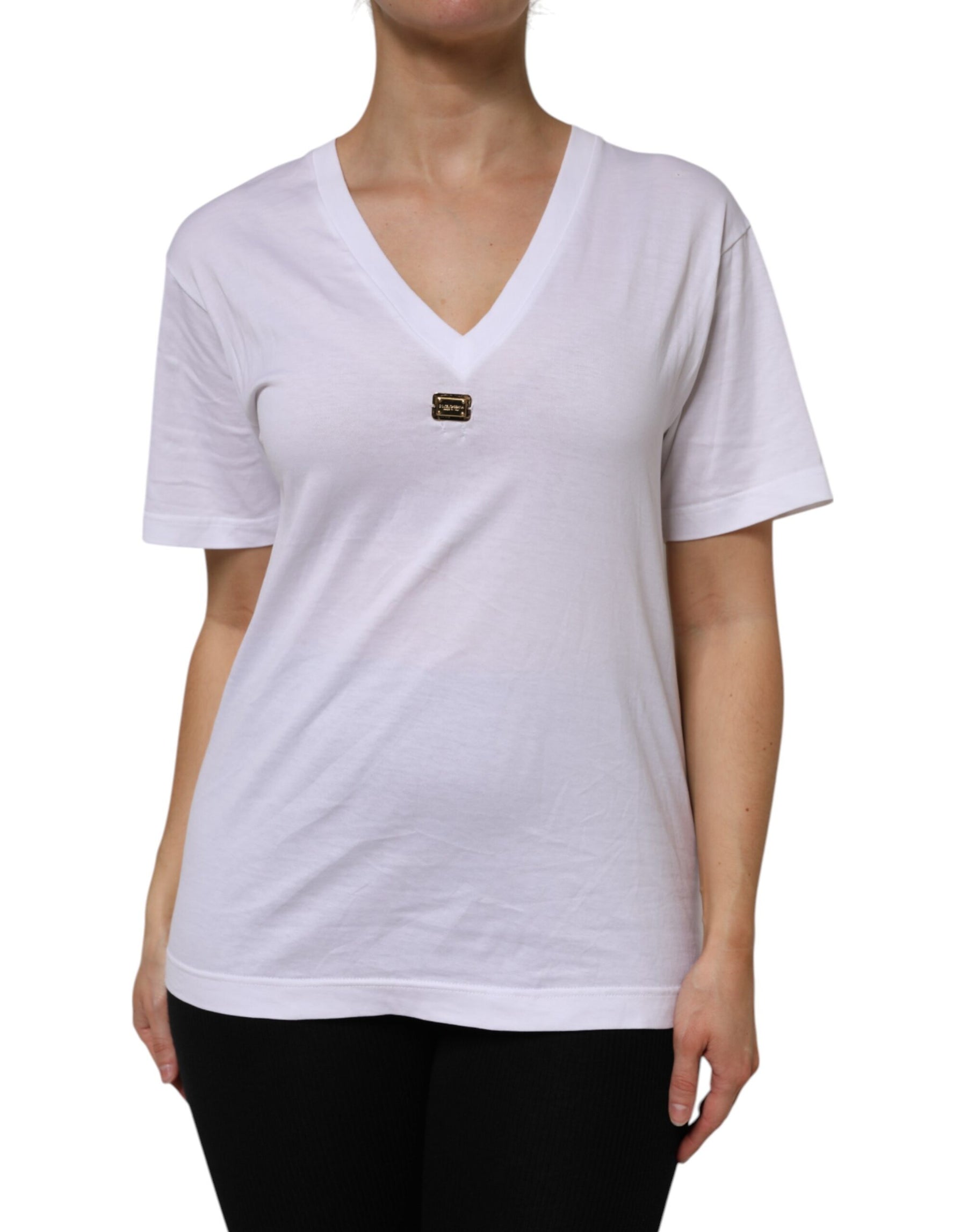 Dolce & Gabbana White Cotton Short Sleeve V-Neck Top T-shirt | Regal Royce