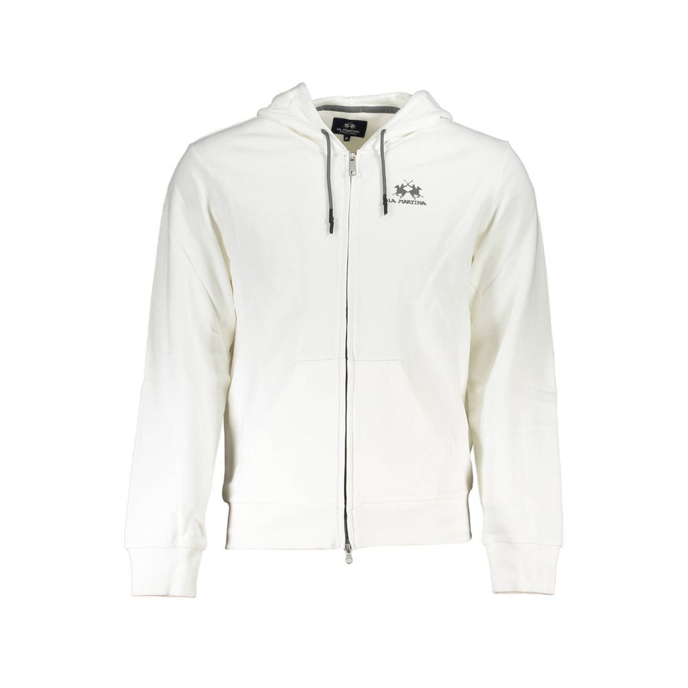 La Martina White Cotton Men Sweater with Hood and Zip Pockets | Regal Royce