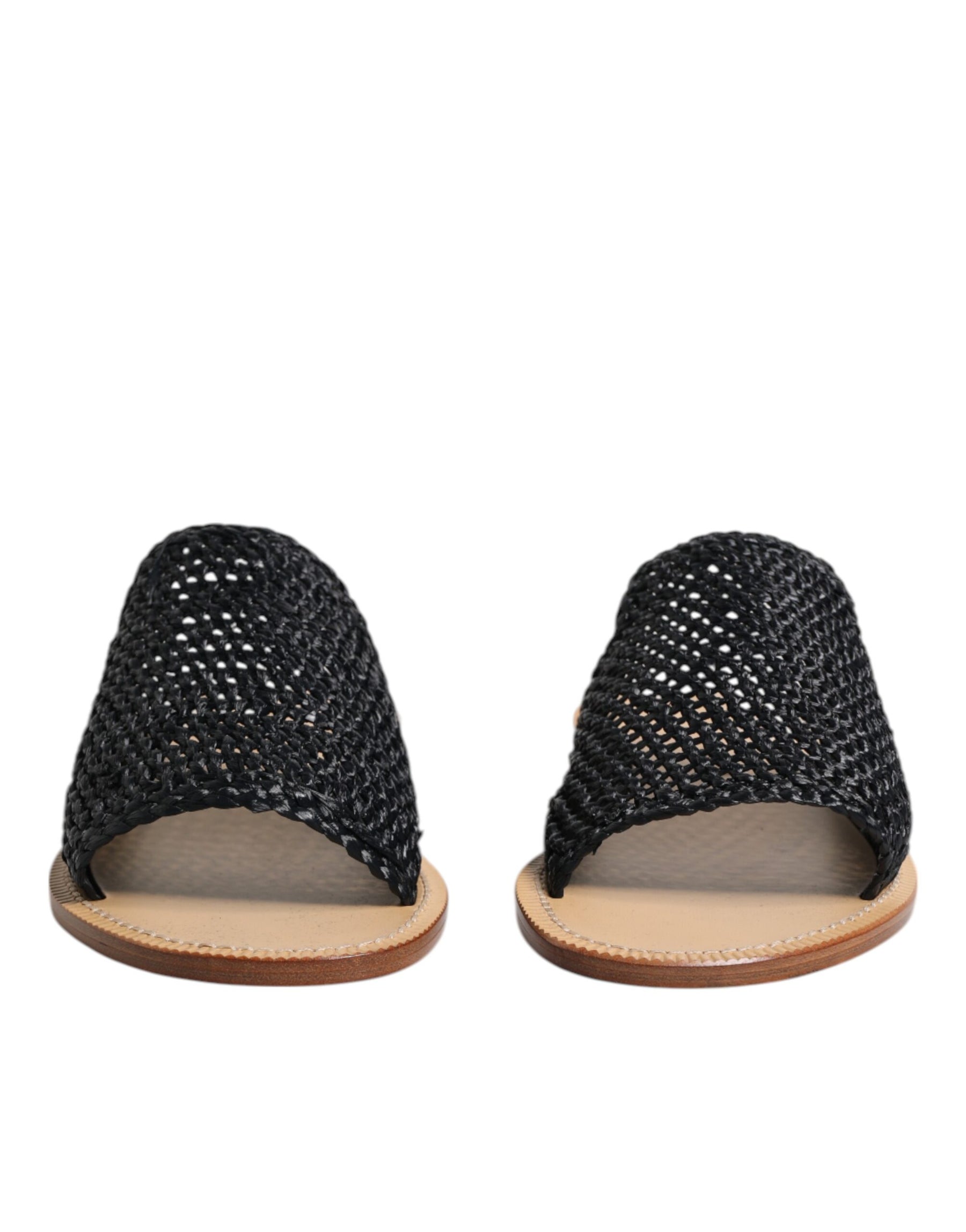 Dolce & Gabbana Black Monochrome Braided Raffia Slides Shoes | Regal Royce
