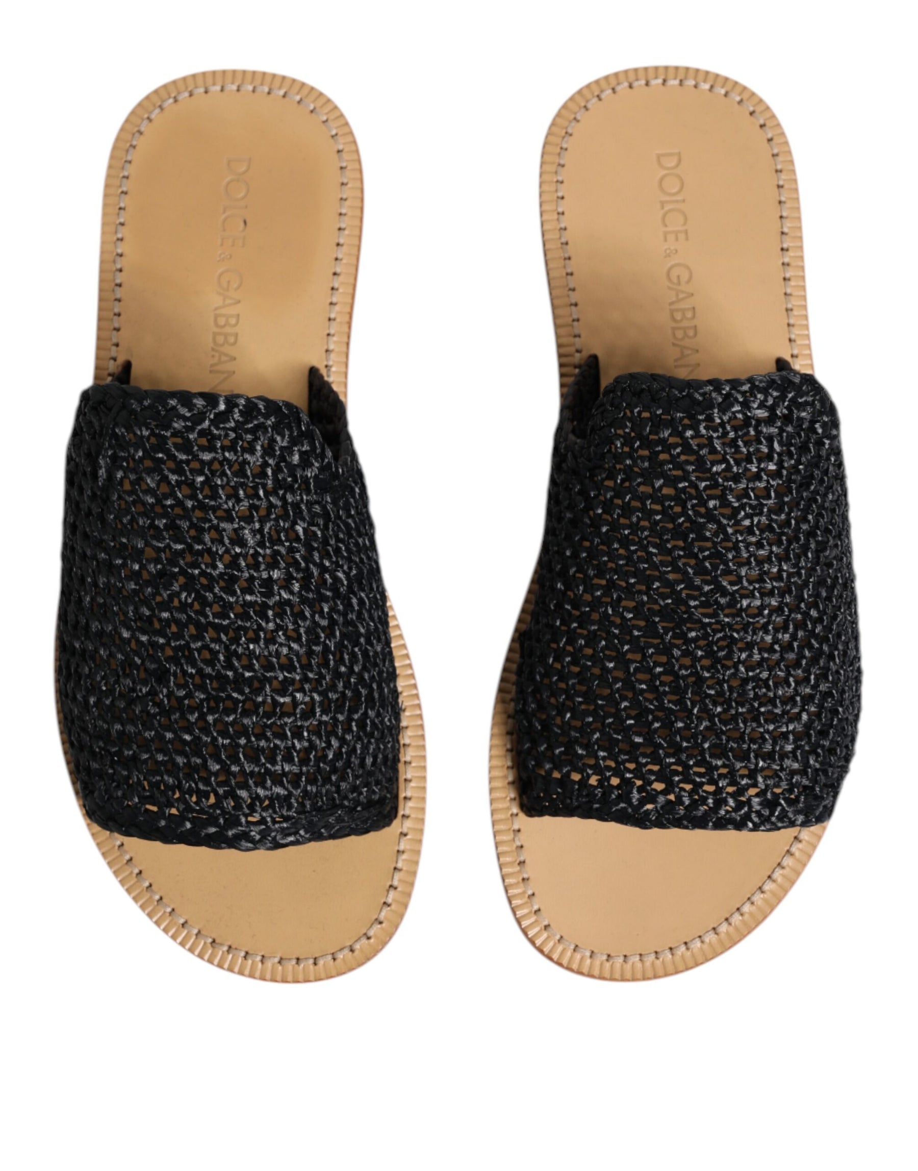Dolce & Gabbana Black Monochrome Braided Raffia Slides Shoes | Regal Royce