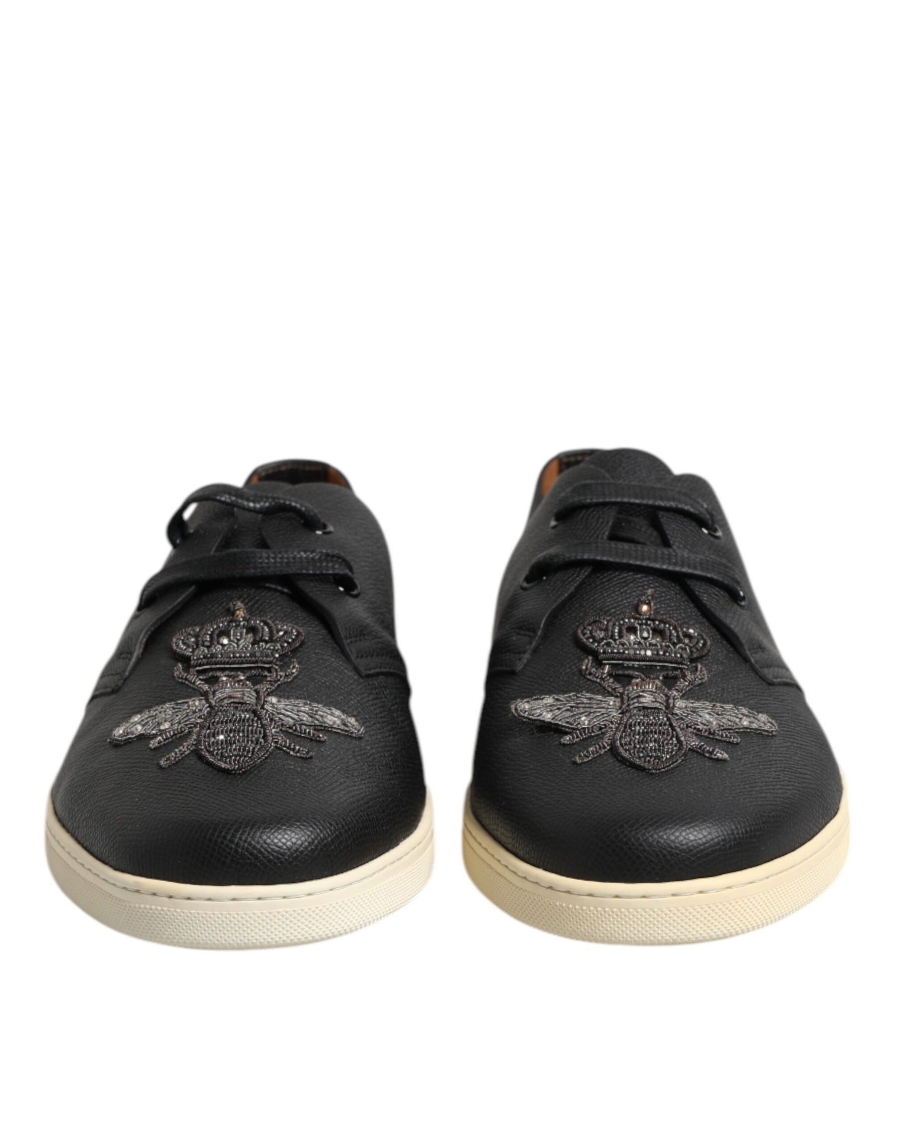 Dolce & Gabbana Black Leather Bee Crown Low Top Sneakers Shoes | Regal Royce