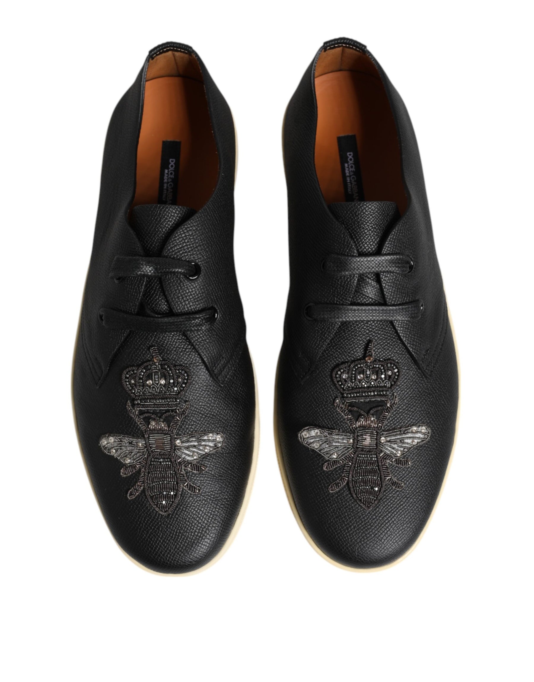 Dolce & Gabbana Black Leather Bee Crown Low Top Sneakers Shoes | Regal Royce