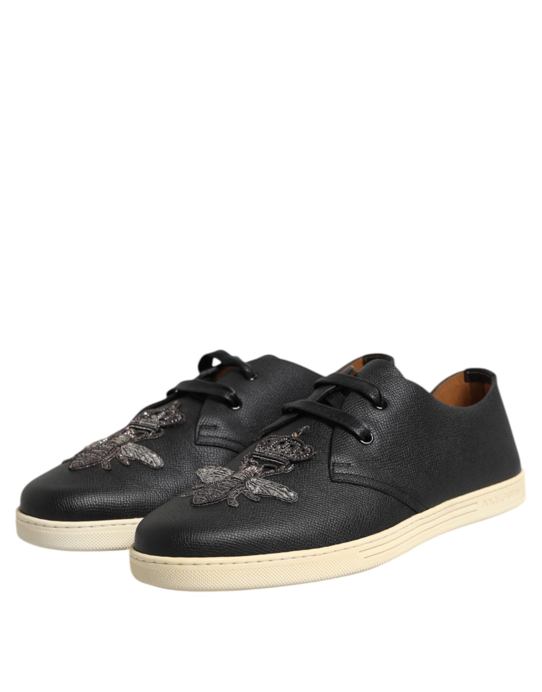 Dolce & Gabbana Black Leather Bee Crown Low Top Sneakers Shoes | Regal Royce