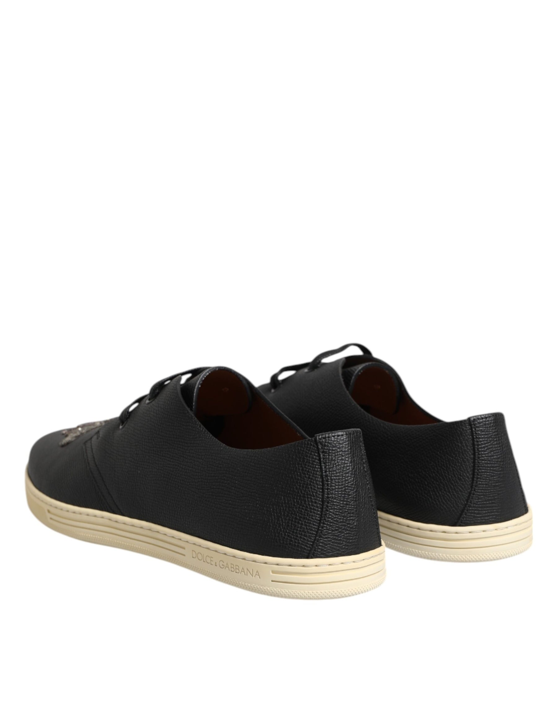 Dolce & Gabbana Black Leather Bee Crown Low Top Sneakers Shoes | Regal Royce