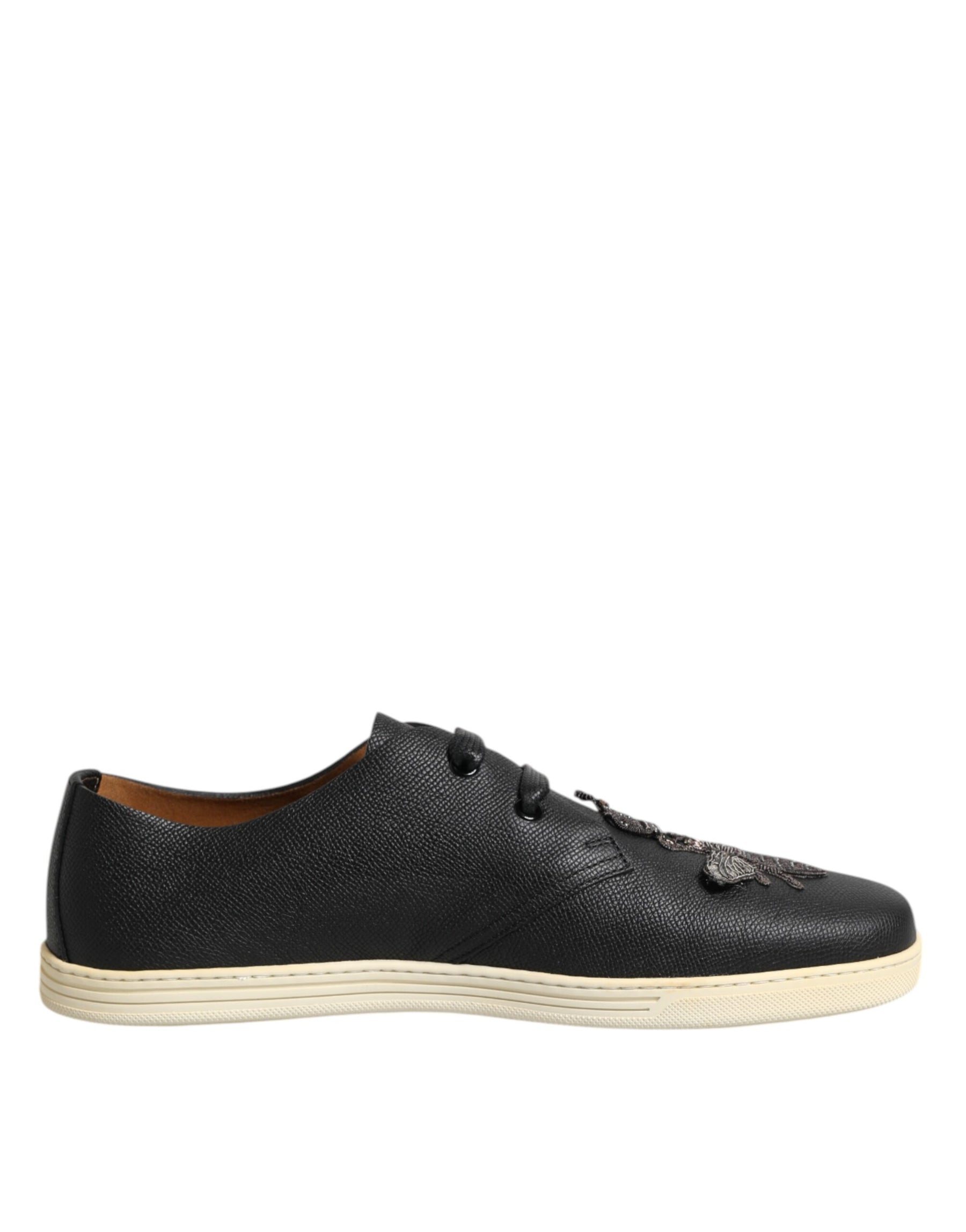 Dolce & Gabbana Black Leather Bee Crown Low Top Sneakers Shoes | Regal Royce